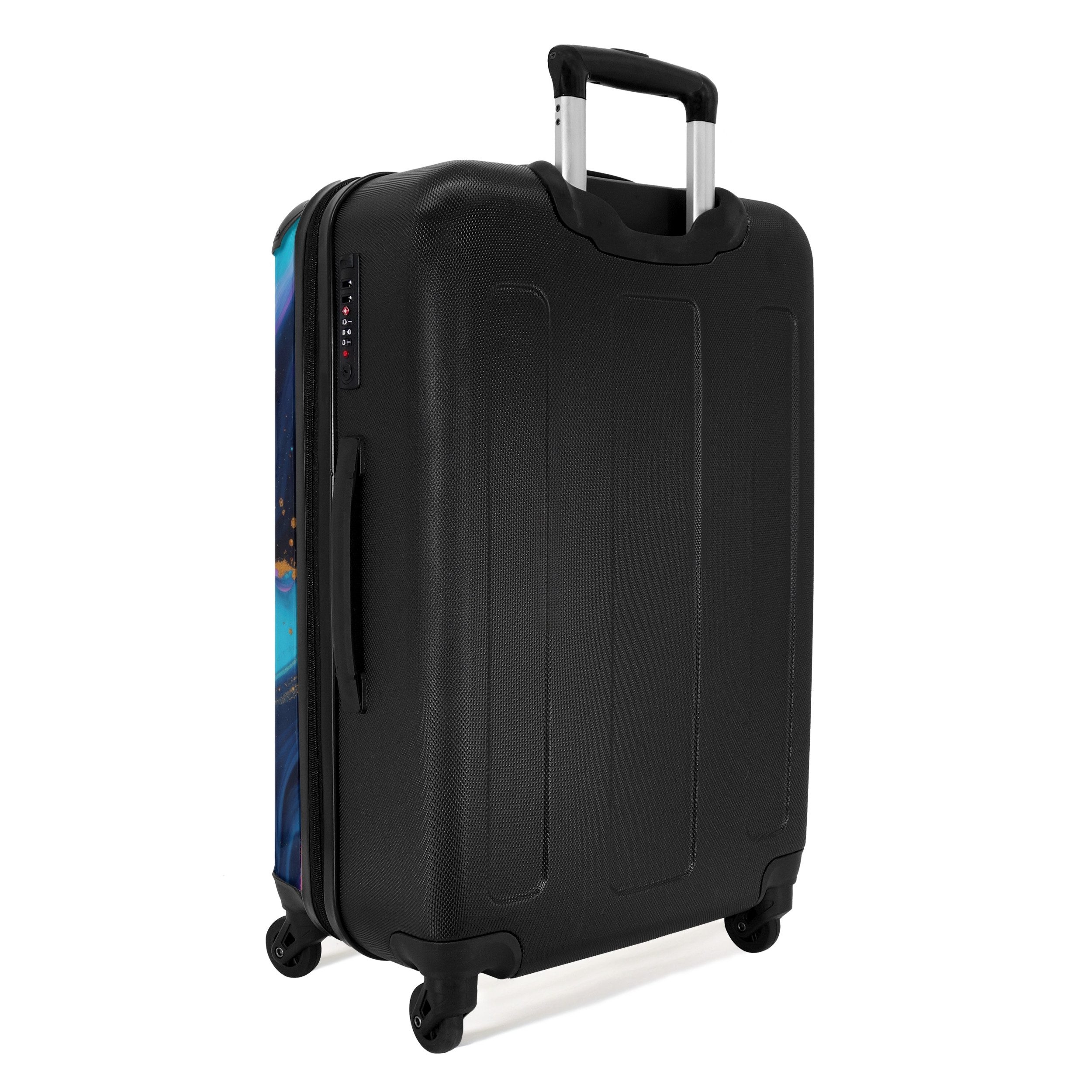 NoBoringSuitcases.com© Hartschalen-Trolley mit leuchtende Räder - Fließendes Rosa und Blau mit goldenen Akzenten, 4 Rollen, Hartschalenkoffer Mittel Groß für 20kg, Frauen Reisekoffer Trolley