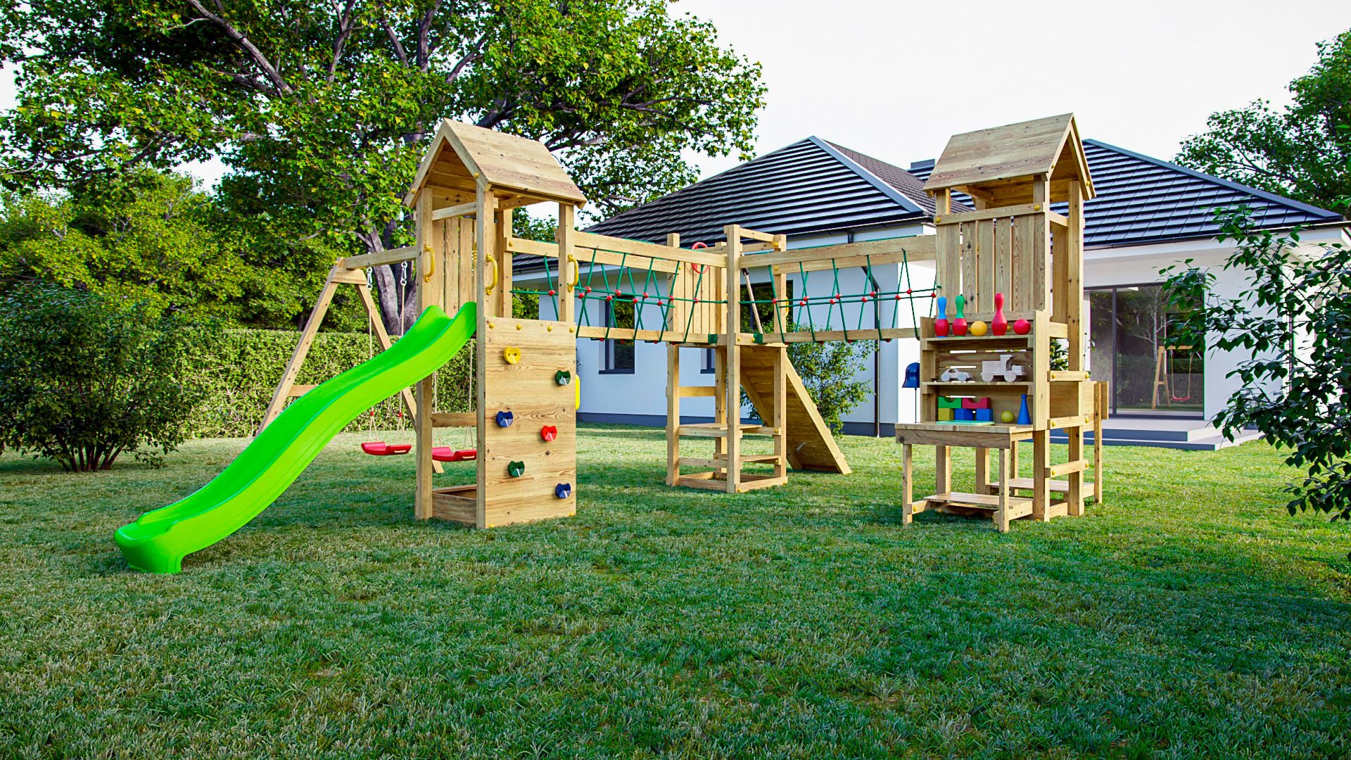 FUNGOO Spielturm Maxi Funny Optimizer, mit Rutsche, Schaukeln, Kletterwand + Seilbrücke, Made in Europe