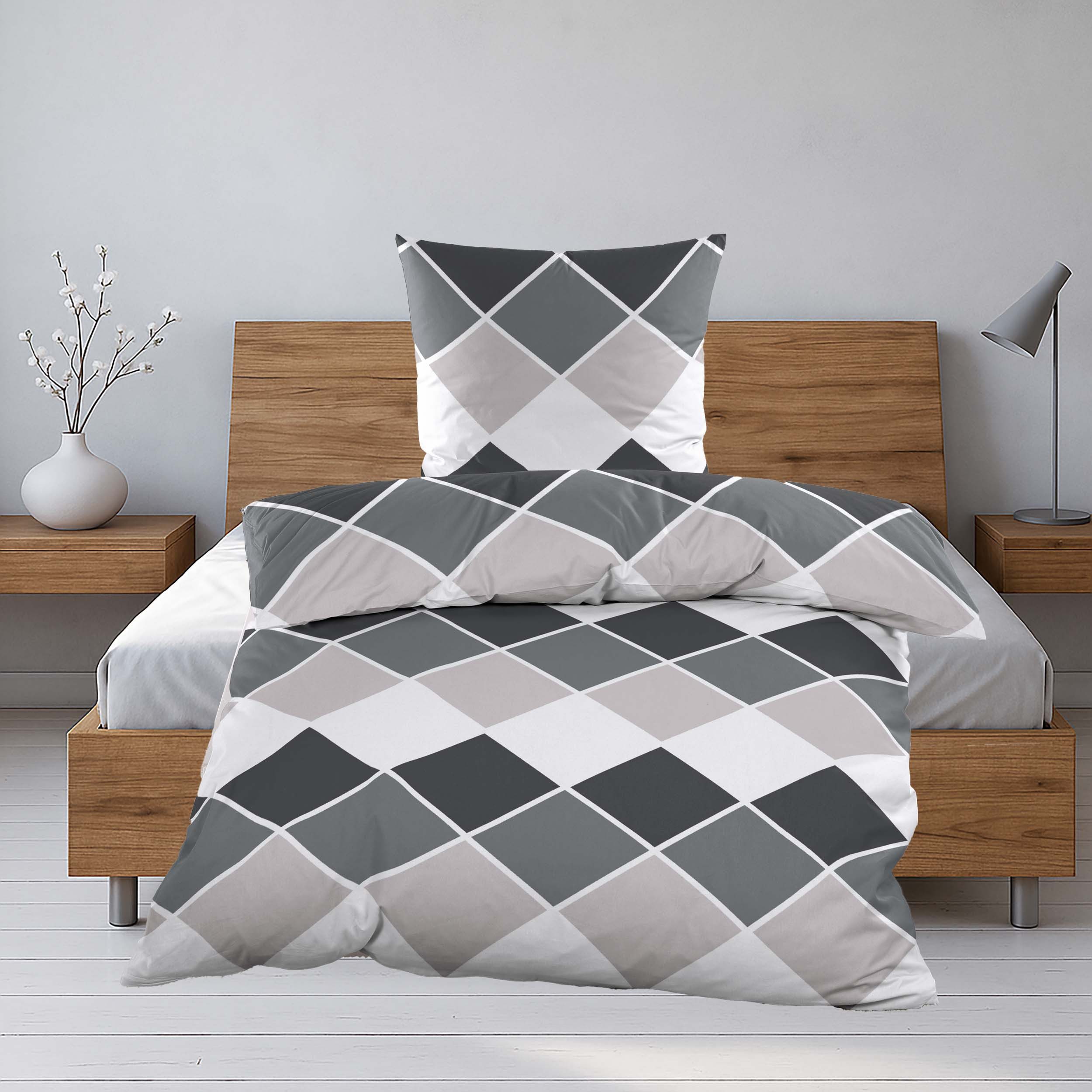 Casa Colori Bettwäsche Biber 135x200cm Anthrazit Grau Rauten, Biber, 4 teil günstig online kaufen