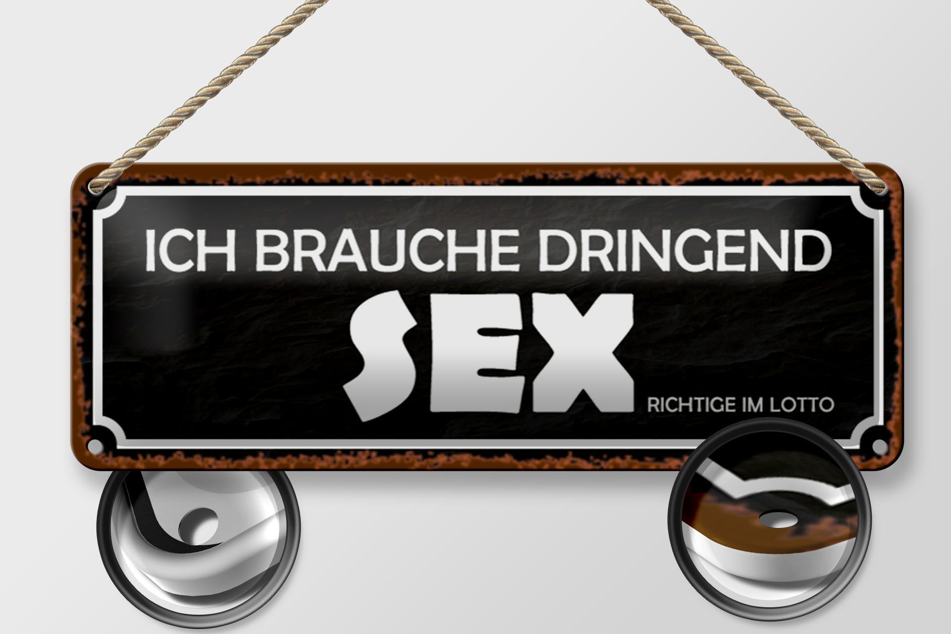 Femer GmbH Metallschild Spruch 27x10cm ich brauche dringend Sex, (1 St), gewölbte Oberfläche, abgerundete Ecken, umgeschlagene Kanten