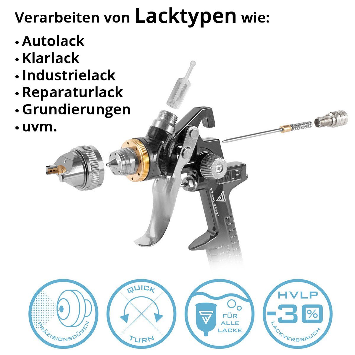 STAHLWERK Druckluftwerkzeug HVLP Lackierpistole SG-600 ST, (Paket, 7-tlg., Set), Profi Spritzpistole
