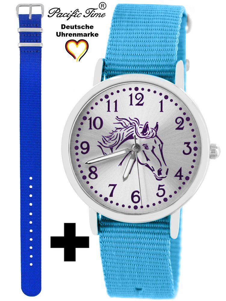 und Armbanduhr violett Pferd Gratis und Wechselarmband, Set Quarzuhr Design royalblau Versand Kinder Pacific Mix Match Time hellblau -