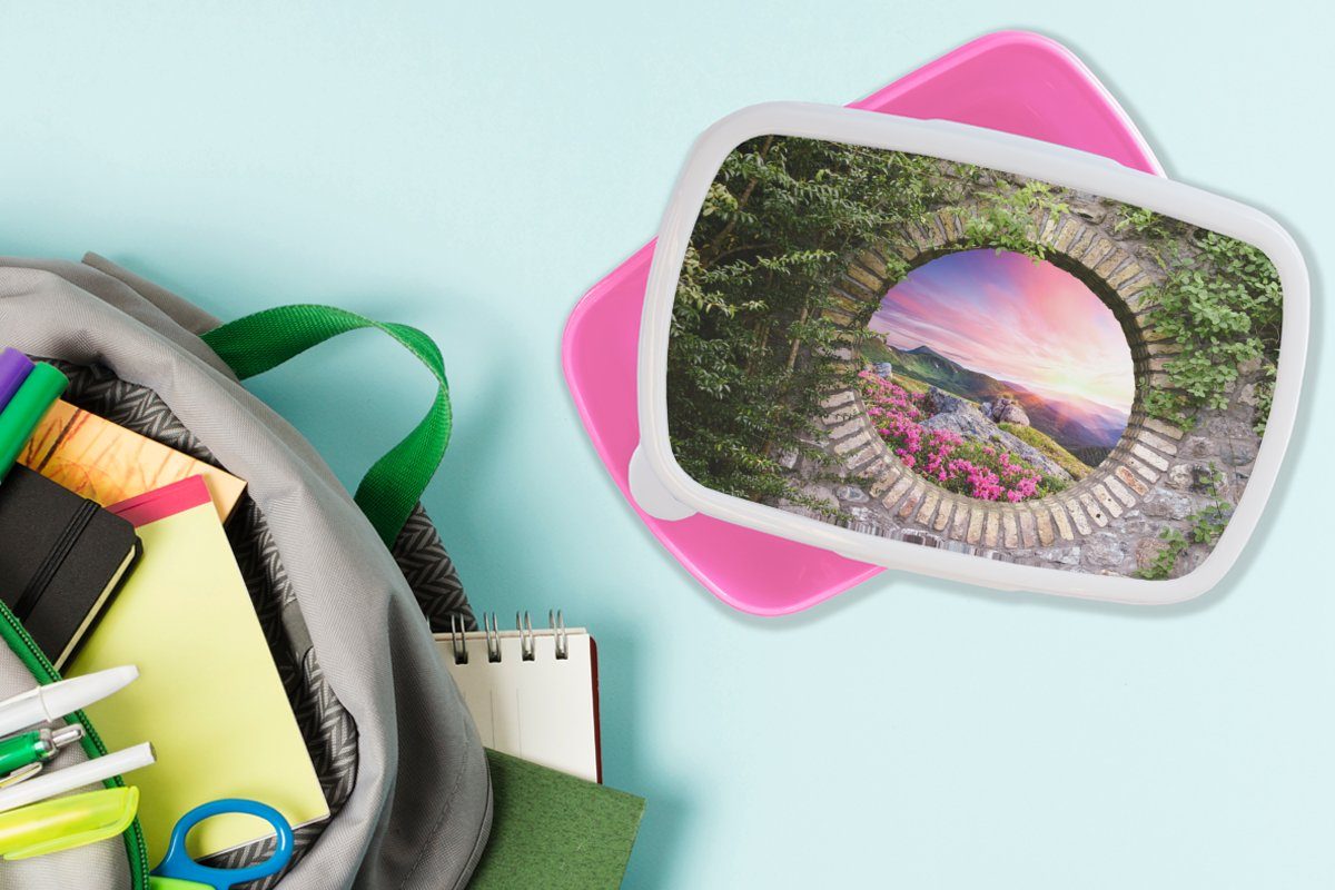 Kunststoff, Kinder, rosa - für Aussicht - Mädchen, Snackbox, Berg, (2-tlg), Erwachsene, Brotbox - Blumen Kunststoff Landschaft MuchoWow Lunchbox Brotdose