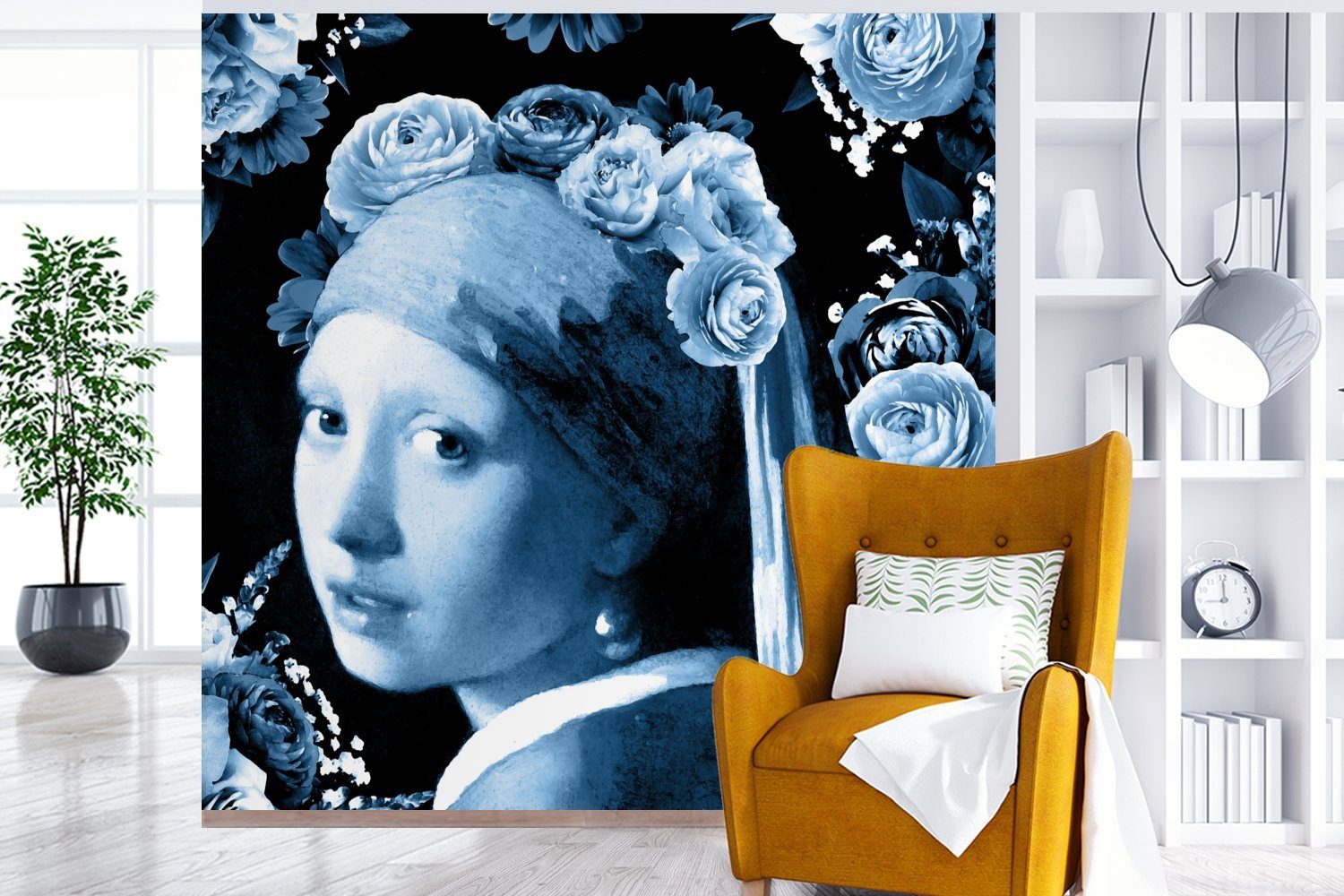 einem - St), Mädchen für Blau, mit Tapete Vinyl Wohnzimmer Schlafzimmer, - Matt, oder MuchoWow Perlenohrring bedruckt, Wandtapete (5 Rosen Fototapete