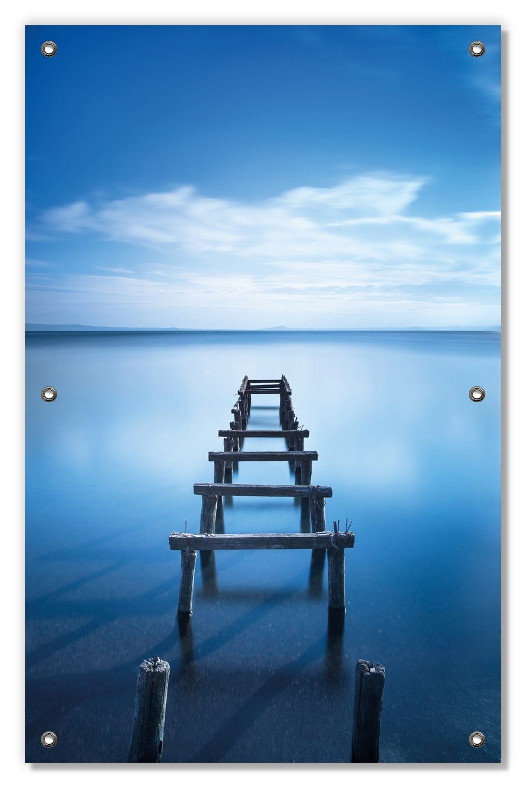 Sonnenschutz Rustikaler Holzsteg im blauen See, Wallario, blickdicht, mit Saugnäpfen, wiederablösbar und wiederverwendbar