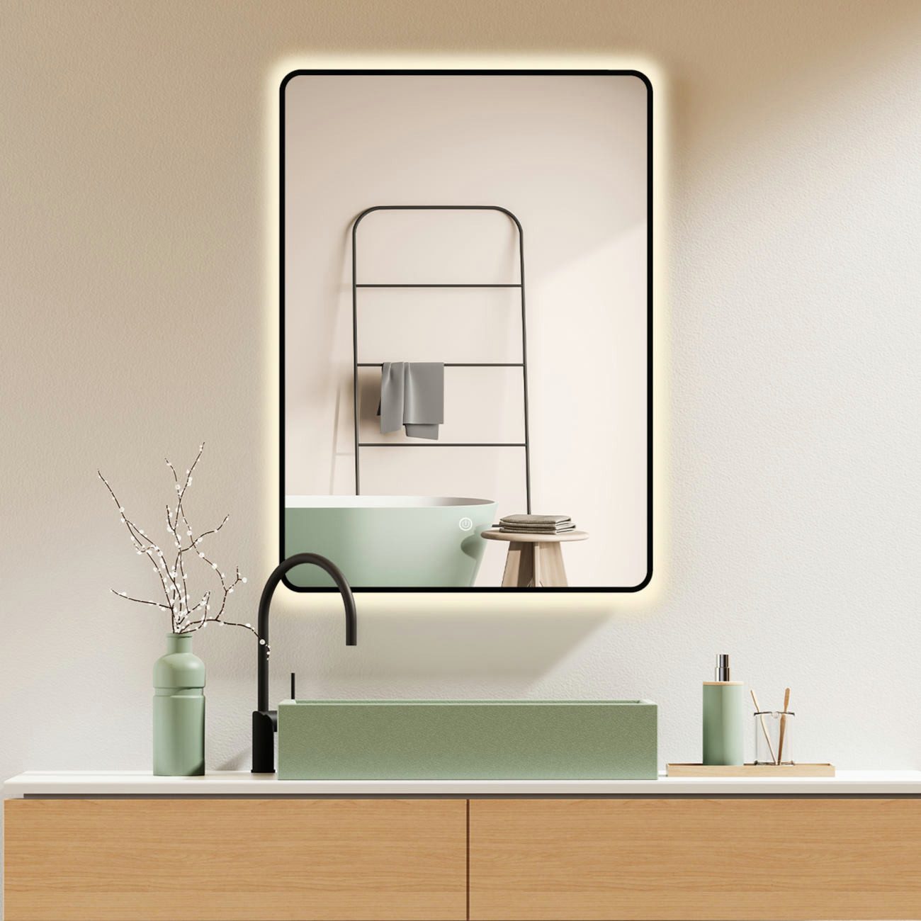 HOKO Badspiegel mit Beleuchtung, Badezimmerspiegel Schwarz/Gold/Weiß (50x70 günstig online kaufen