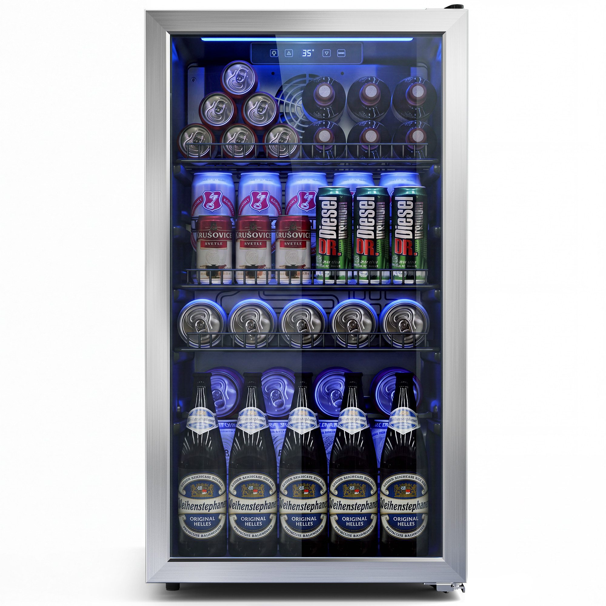 Furnicopia Getränkekühlschrank 90L, Doppelglas, LED, leiser Betrieb, silberner Aluminium-Rahmen KVC-90A, LED-Touch, verstellbare Füße & Ablagen, silberner Alu-Rahmen