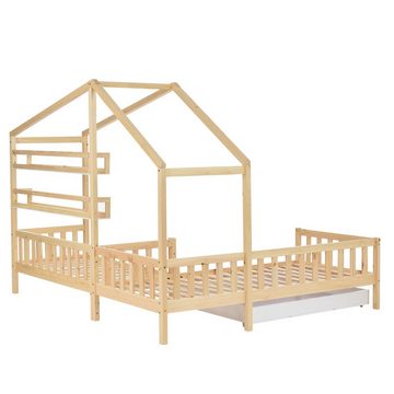 WISHDOR Kinderbett Holzbett Hausbett mit Schubladen und Regalen (90x200 cm+140x70cm) Natur), Massivholz mit Zaun und Lattenrost, L-Struktur, Ohne Matratze