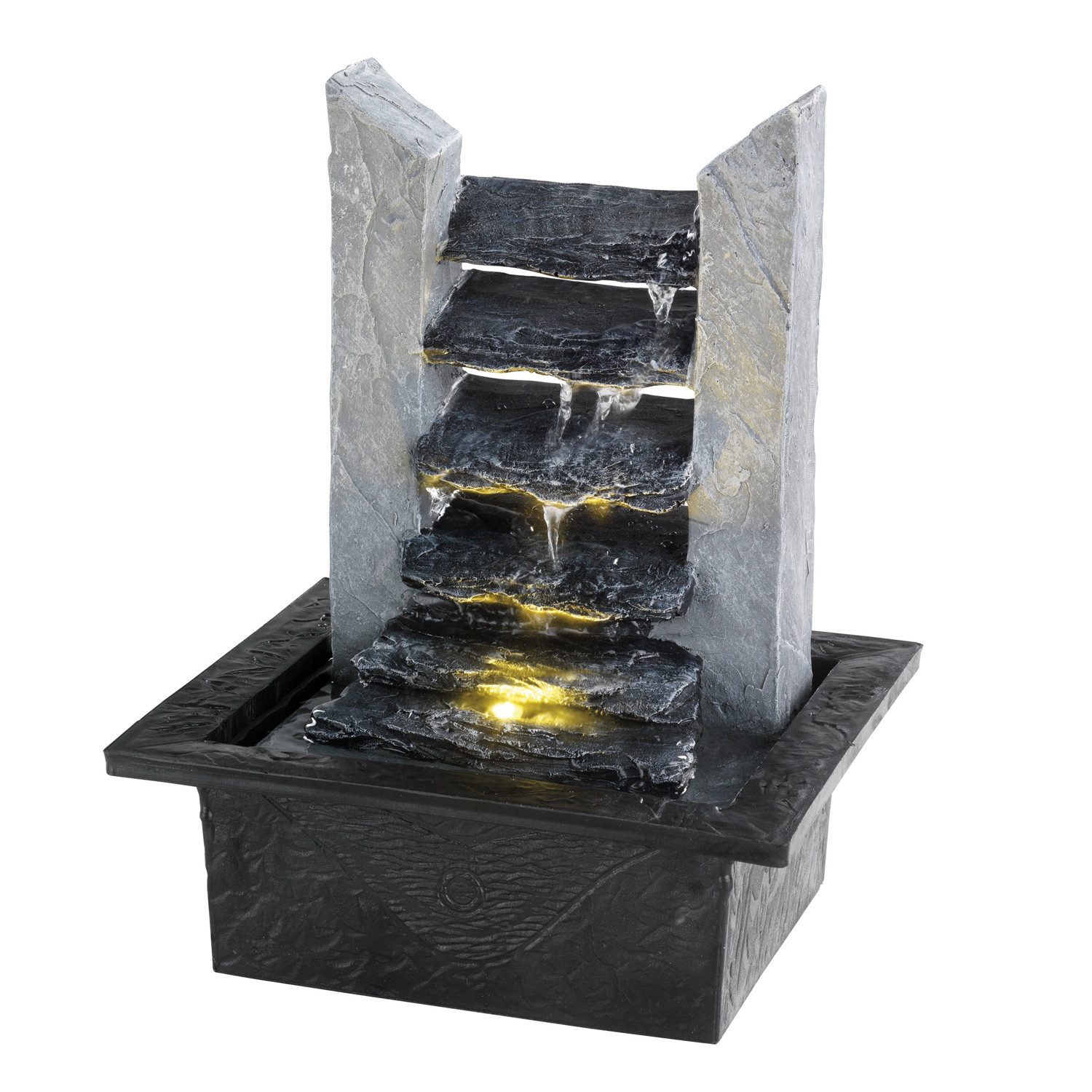 MARELIDA Zimmerbrunnen Kaskadenbrunnen Schieferlook Tischbrunnen mit LED H27cm, 21 cm Breite