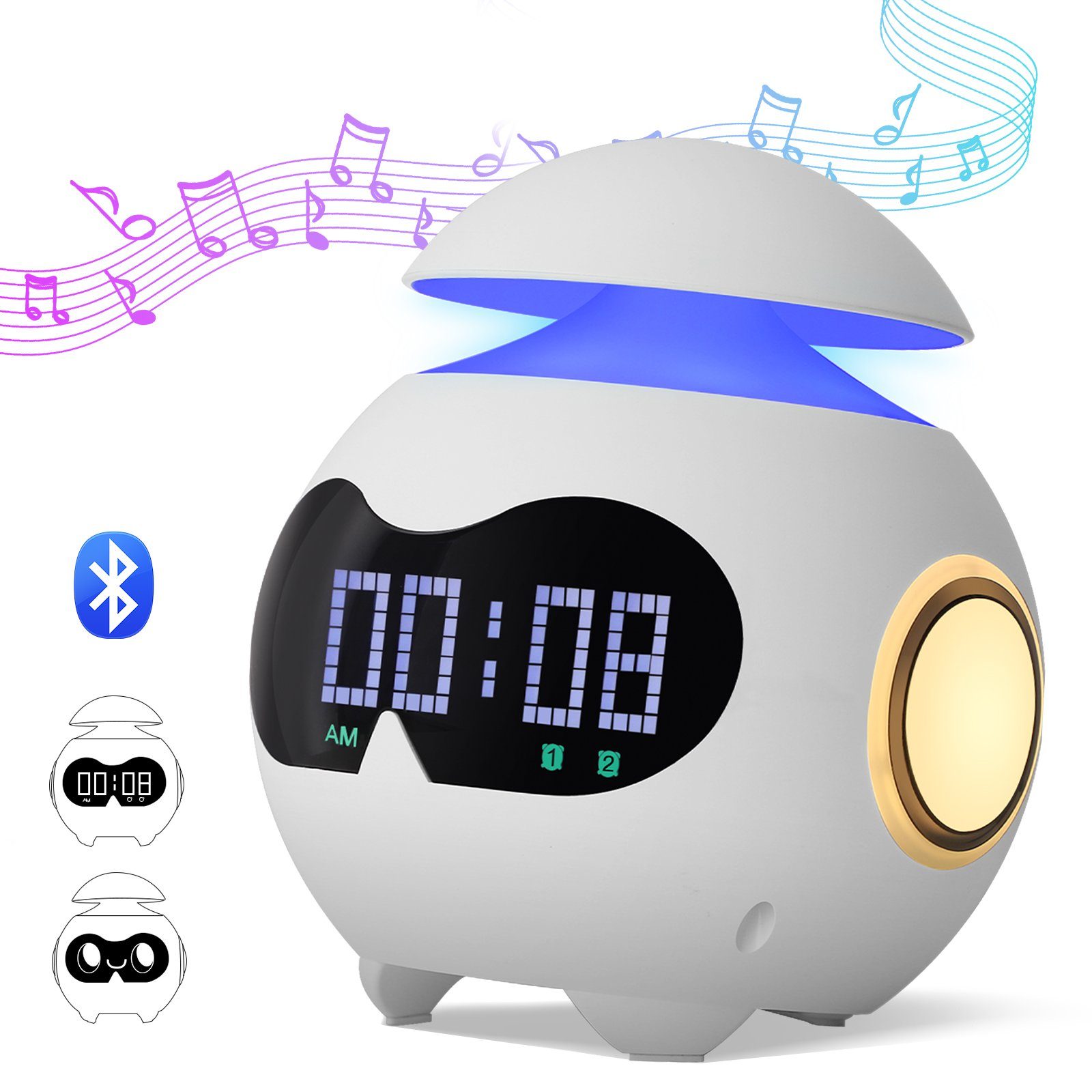 Wecker LED Lichtwecker mit Bluetooth-Lautsprecher, Kinder Nachtlicht, USB