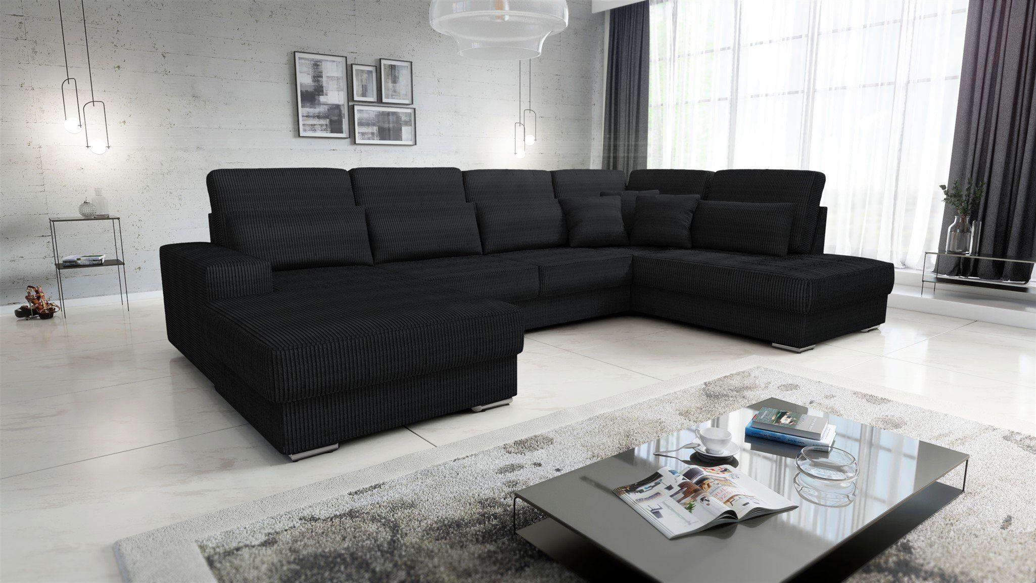 in Schwarz NEVIO Rechts, Rundumbezug Fun Sofa U-Form mane Scala, Möbel Stoff Wohnlandschaft Links oder
