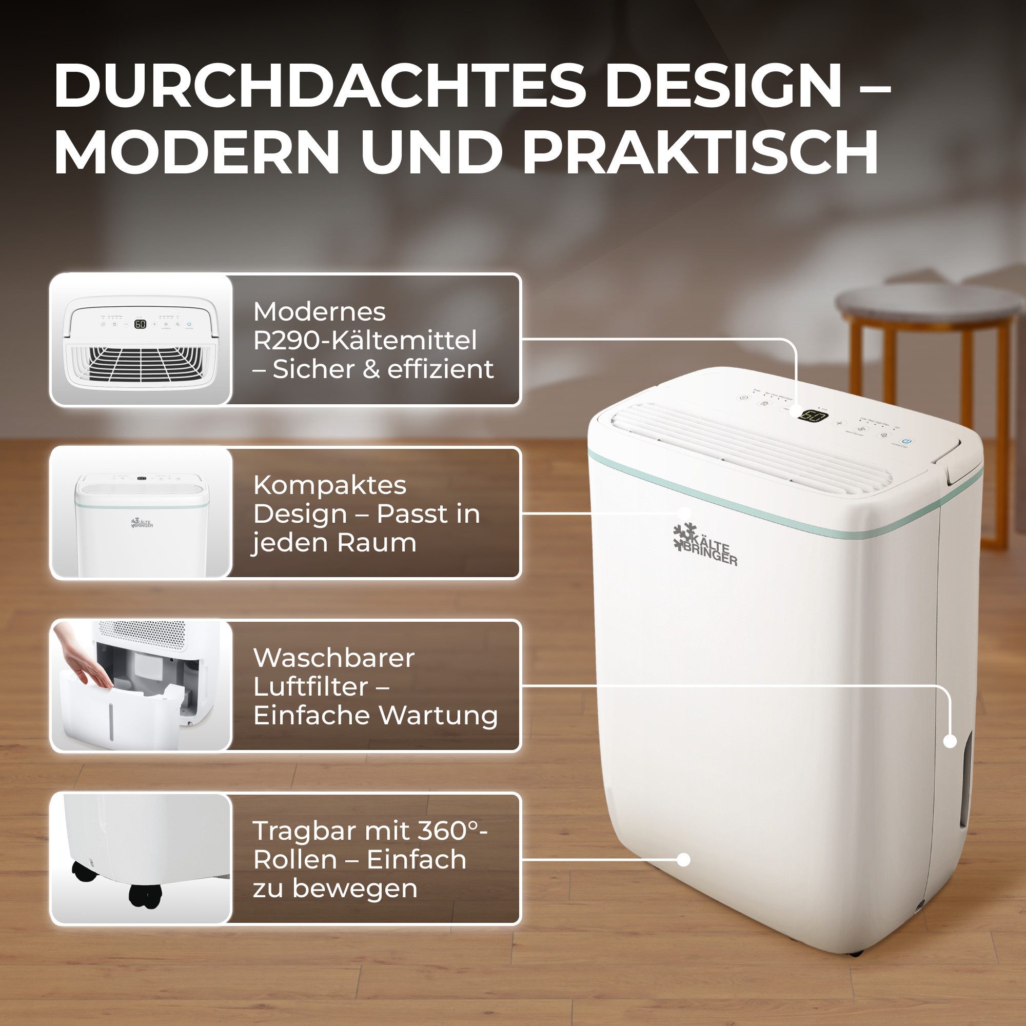 Kältebringer Dehumidifier, 10L/24h, up to 31m² (77m²) LED Display, very quiet & energy-saving