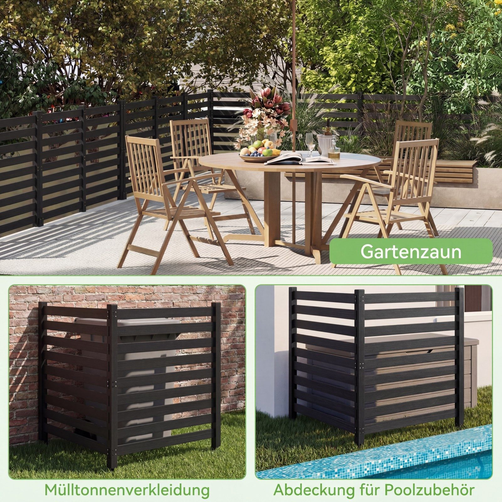 COSTWAY Gartenzaun, Zaun mit 3 Pfählen, Steckzaun Lamellenzaun