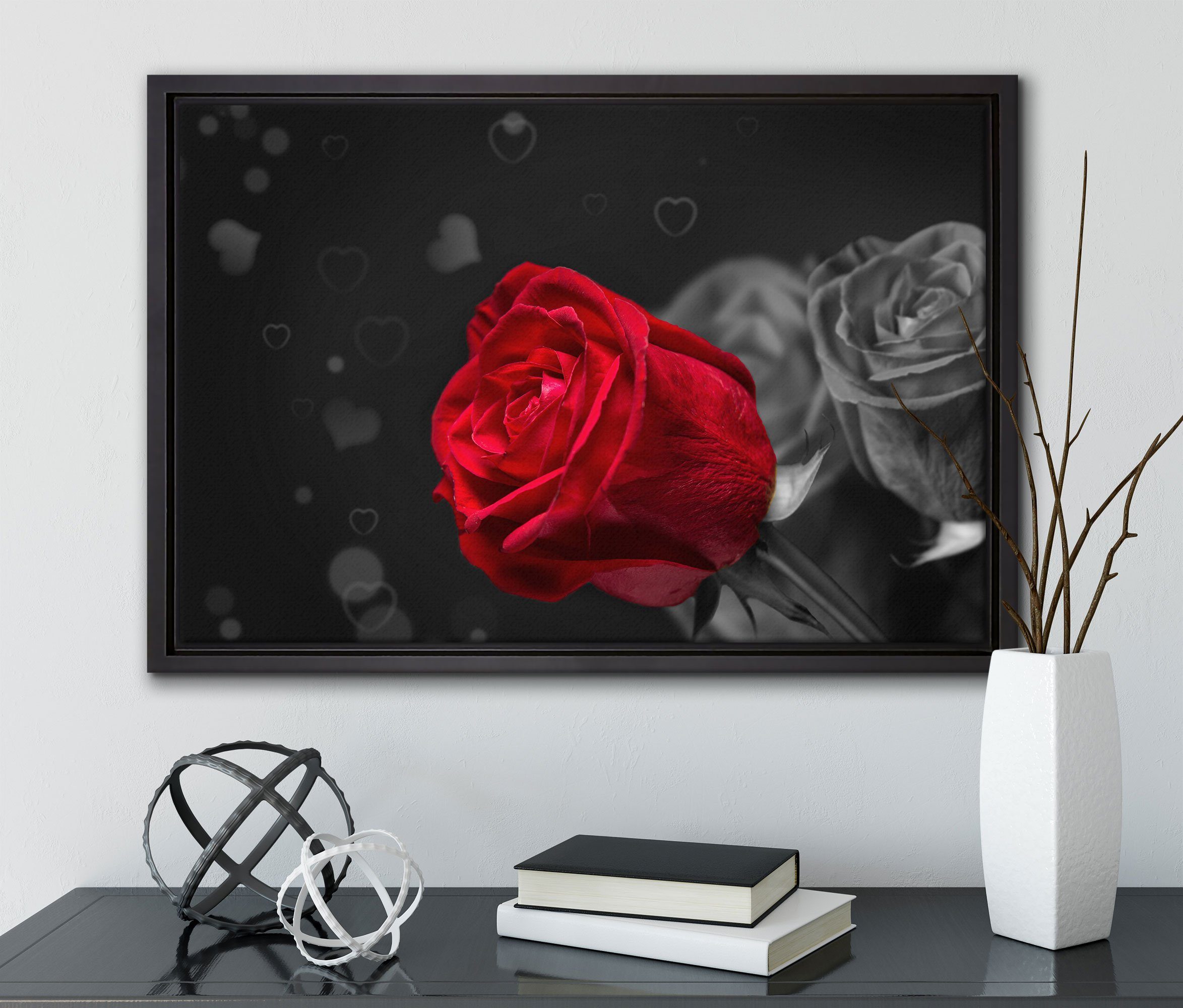 inkl. einem Schattenfugen-Bilderrahmen St), Rosen bespannt, (1 Wanddekoration Zackenaufhänger gefasst, zum rote fertig Leinwandbild in Valentinstag, Pixxprint Leinwandbild