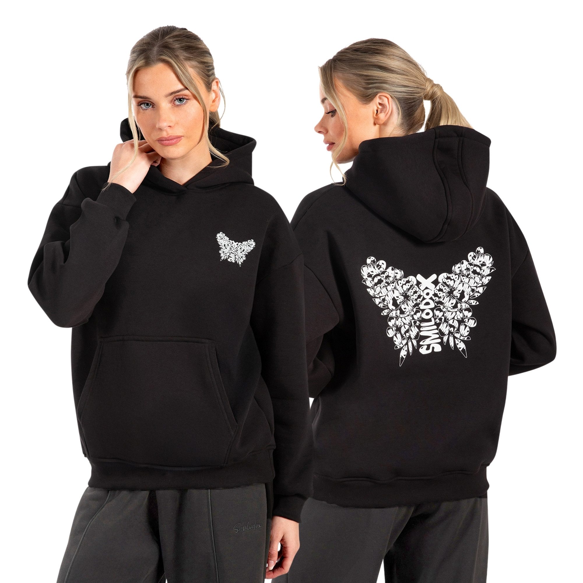 Smilodox Nala, Oversize Fit Pullover mit großer Kapuze und Butterfly Print Kapuzenpulli Relaxed Großer Print Kängurutasche Streetwear Fitness