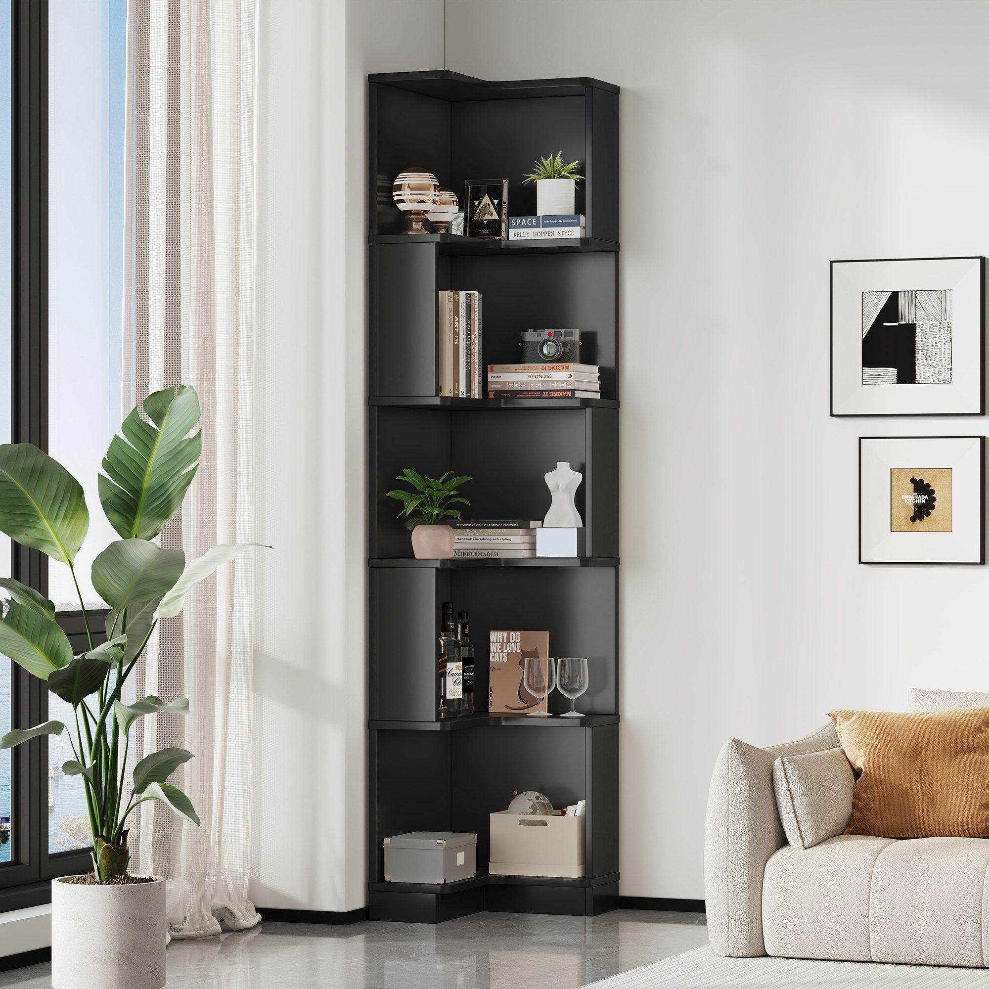 Flieks Bücherregal Standregal mit LED-Beleuchtung und 6 Ebenen, B63,5/T45/H175 cm 1-tlg., Eckbücherregal mit 5 Fächer L-förmig Hochschrank Eckregal Schwarz