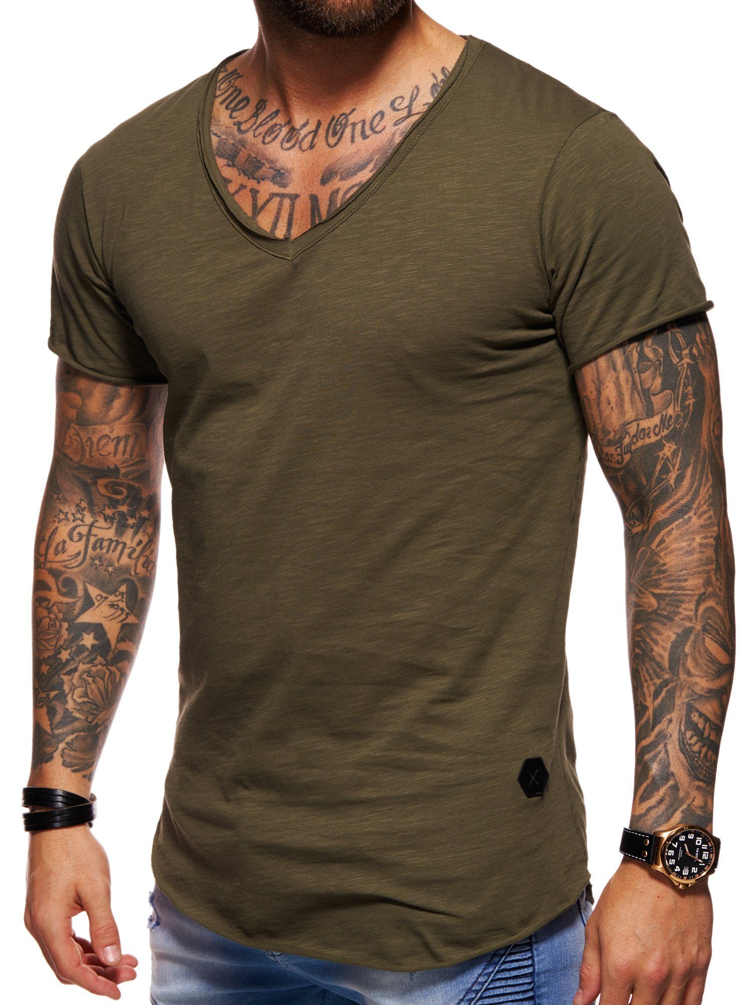 behype T-Shirt MSVALENCIA mit V-Ausschnitt Khaki | V-Shirts