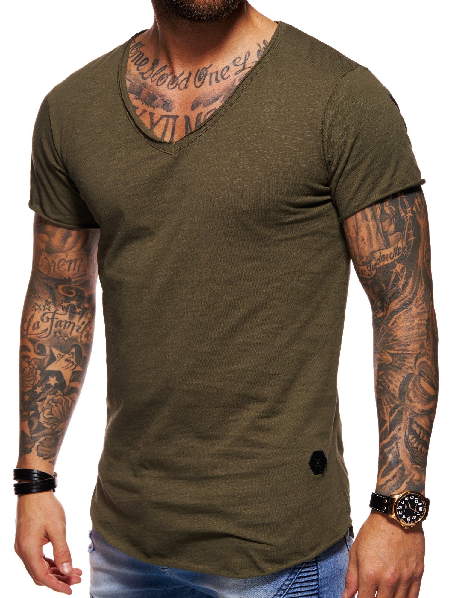 behype T-Shirt MSVALENCIA mit V-Ausschnitt Khaki