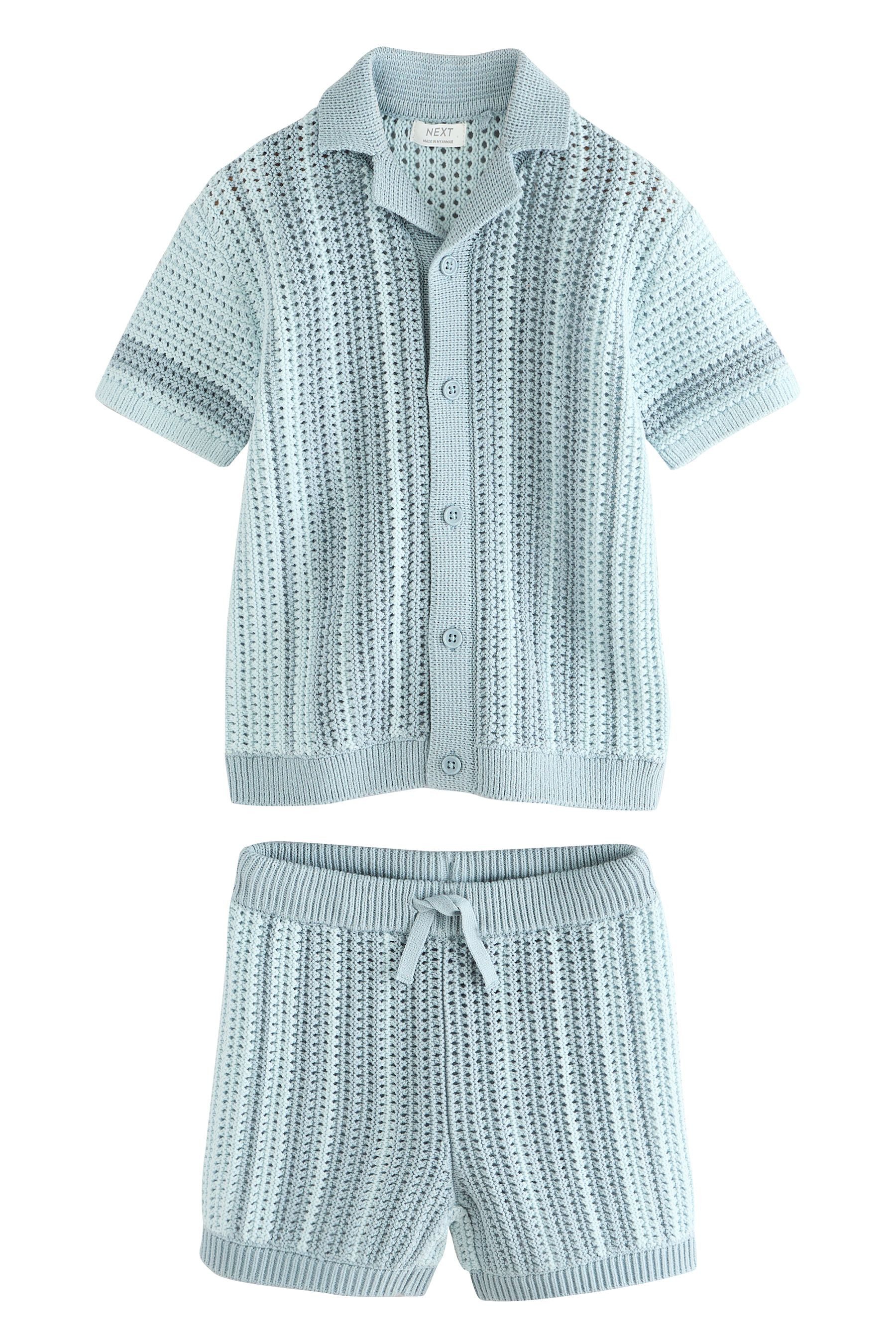 Next Shirt & Shorts Kurzarm-Hemd mit Häkel- + Strickdetails und Shorts (2-tlg)