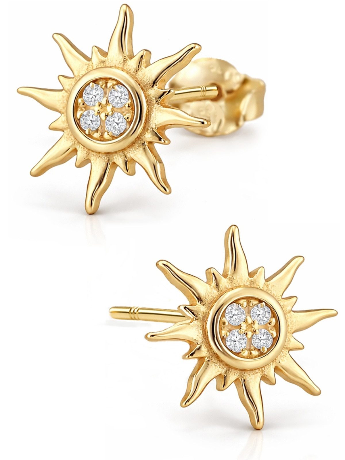 Goldene Hufeisen Paar Ohrstecker Sonne Gold Ohrringe 925 Silber 18kt Gelbgold vergoldet Zirkonia (inkl. Schmuckbox), Goldschmuck für Damen