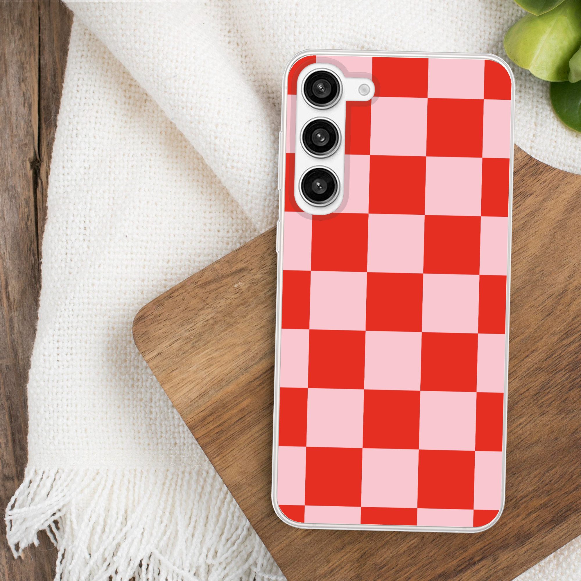 MuchoWow Handyhülle für Samsung Galaxy S23 Plus Schachbrettmuster - Rot - Rosa - Würfel, Phone Case, Silikon, Schutzhülle Dünn