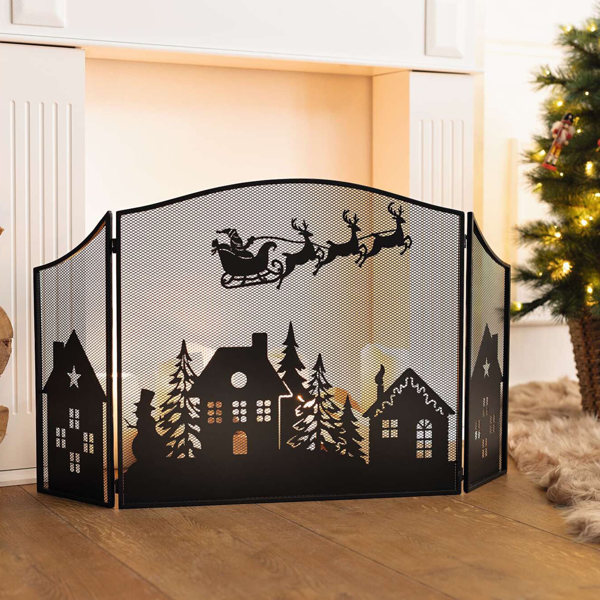 Dekoleidenschaft Funkenschutzgitter "Weihnachten" 3 tlg. Metall Funkenschutz schwarz mit Weihnachts-Motiv, Kaminschutzgitter freistehend, Gitter gegen Funkenflug