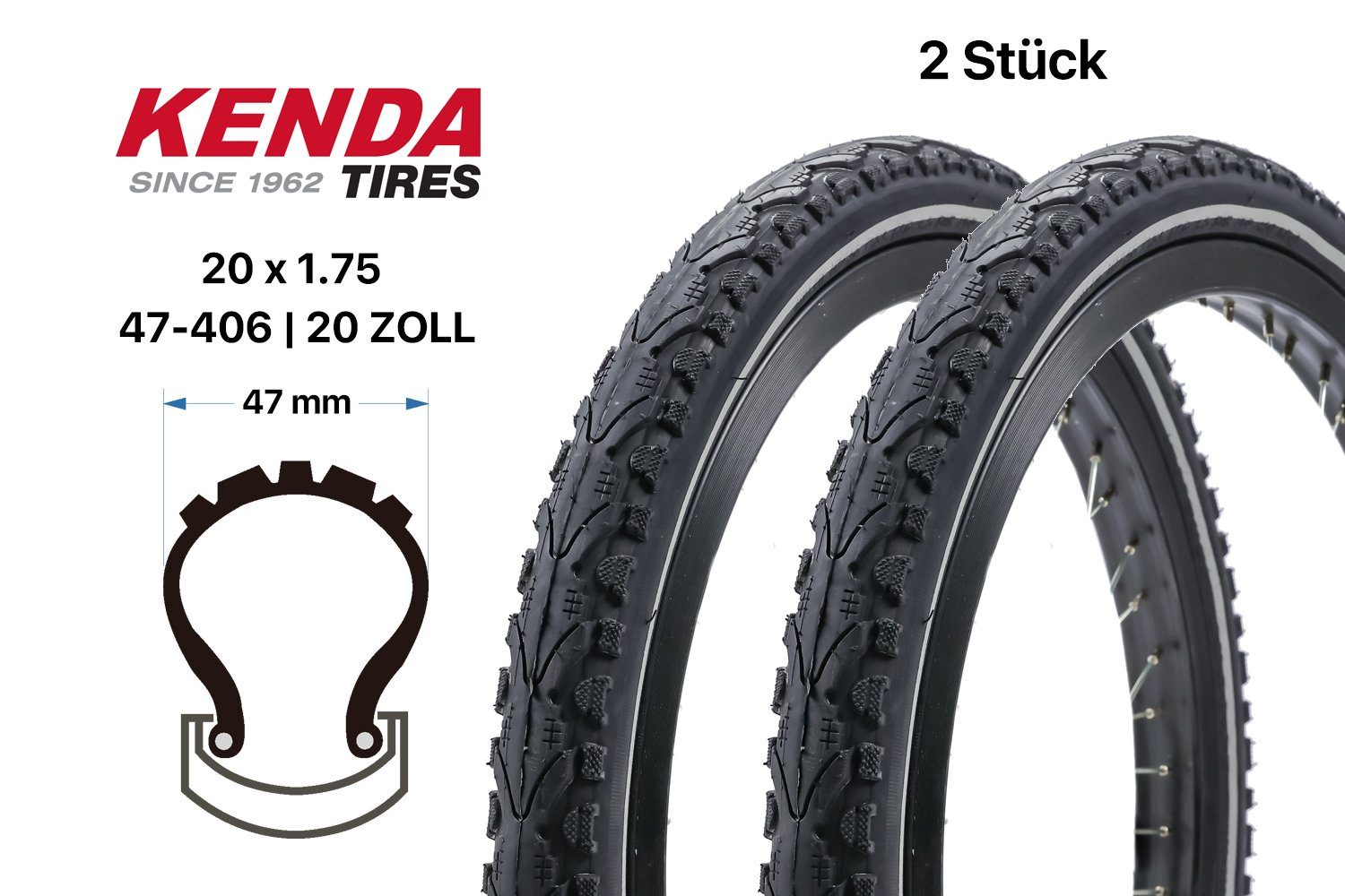 KENDA Fahrradreifen 2 Stück 20 Zoll Kenda BMX Fahrrad Reifen 20x1.75  K-Shield Reflexstreif, (1-tlg)