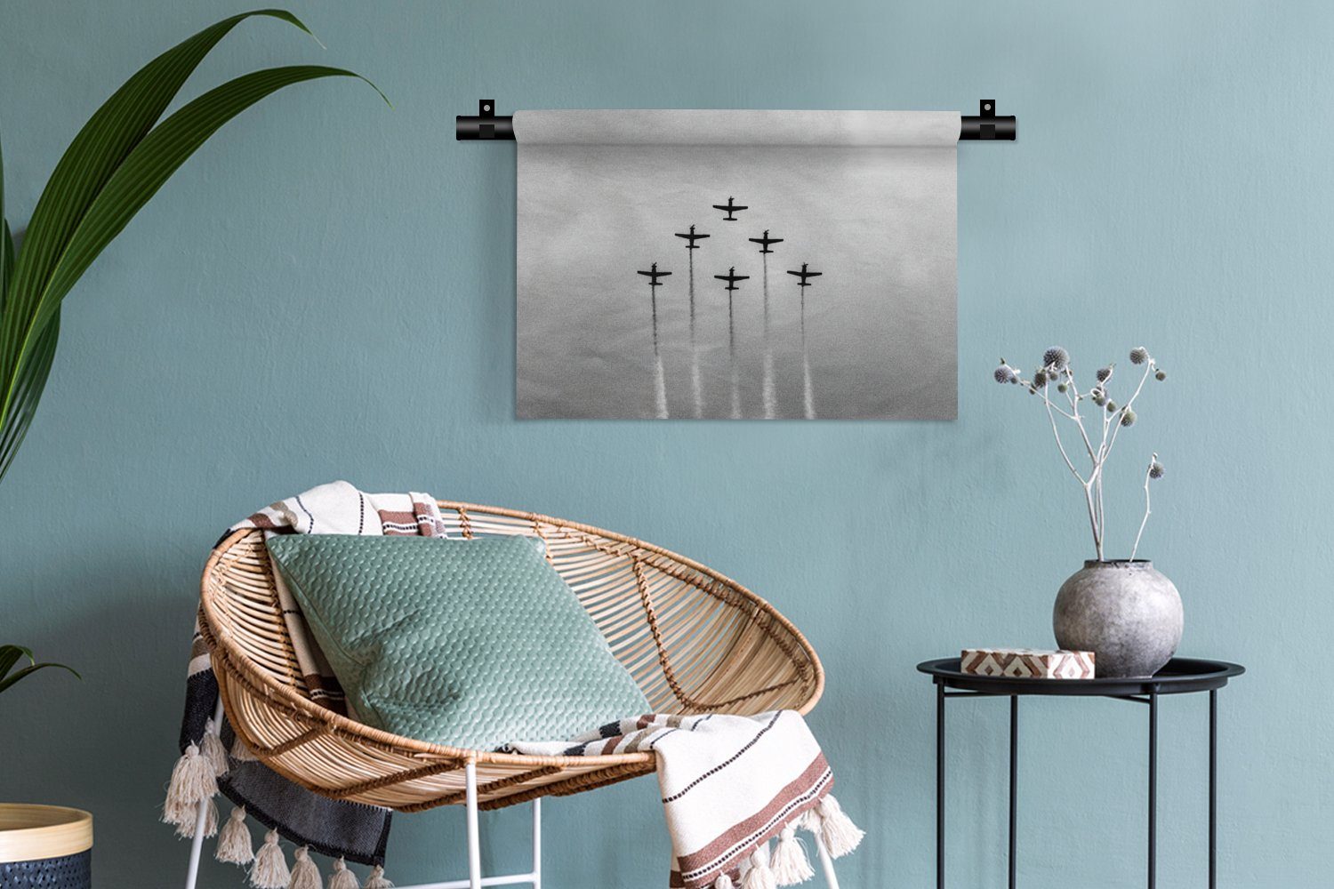 MuchoWow Wanddekoobjekt Vintage - Wolken - Kinderzimmer Flugzeug für Schwarz weiß, Wanddeko Himmel Wandbehang, Wohnzimmer, Schlafzimmer, - Kleid, - und
