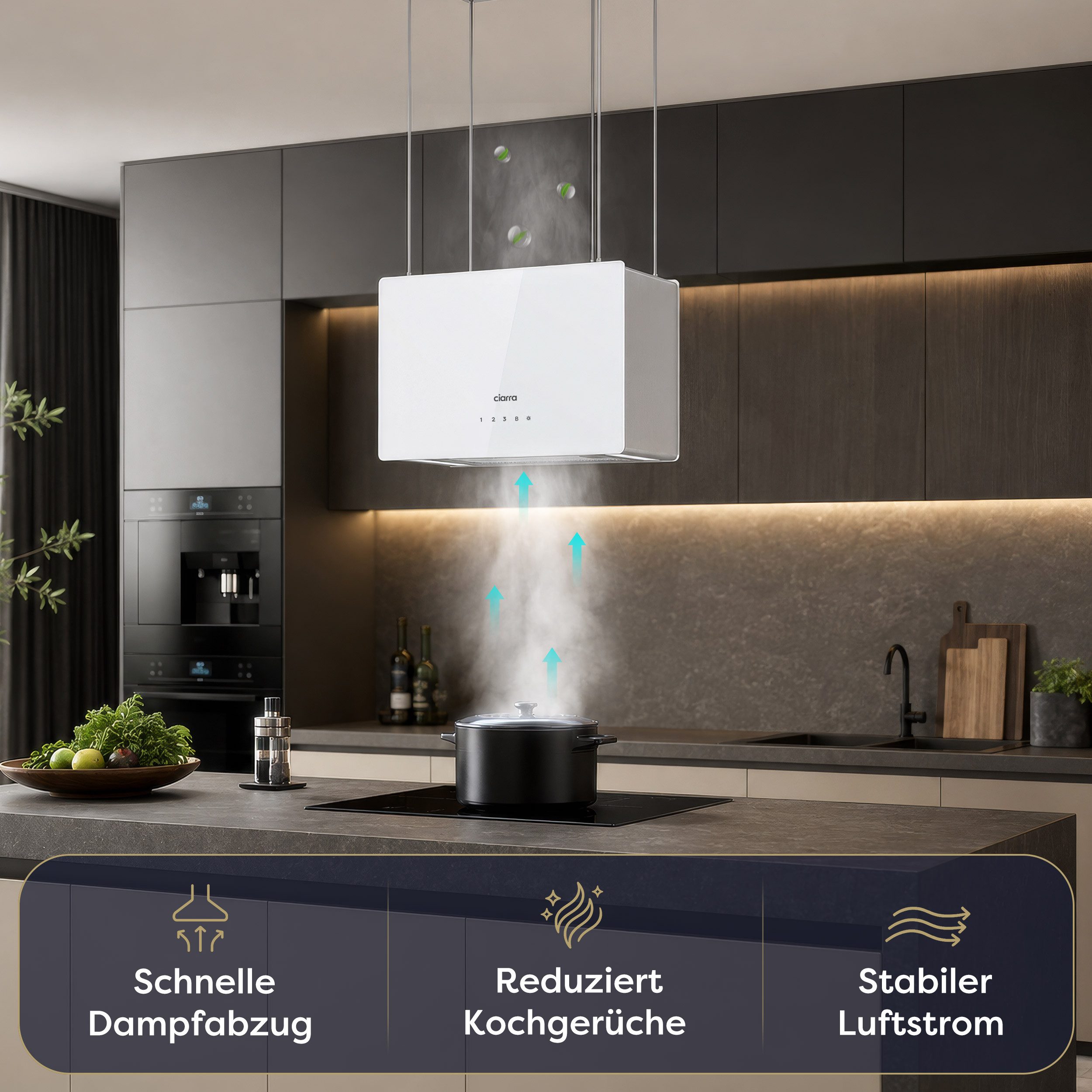 CIARRA Inselhaube Dunstabzugshaube freihängend 50cm A+++ 700 m³/h Umluft CBCS4850 mit Fettiltern 2 Aktivkohlefiltern WIFI-APP Touch Control Inkl. BOOST