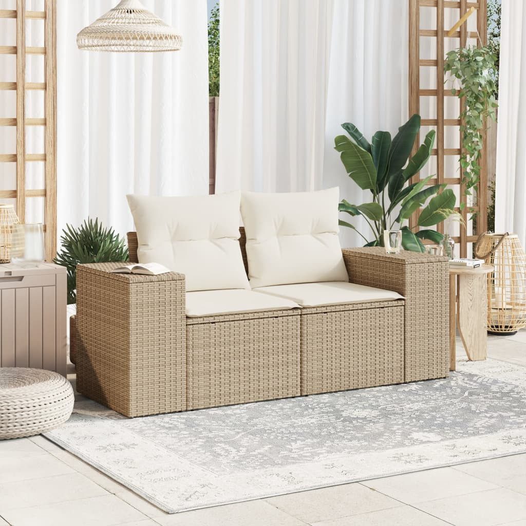 vidaXL Loungesofa Gartensofa mit Kissen 2-Sitzer Beige Poly Rattan, 1 Teile