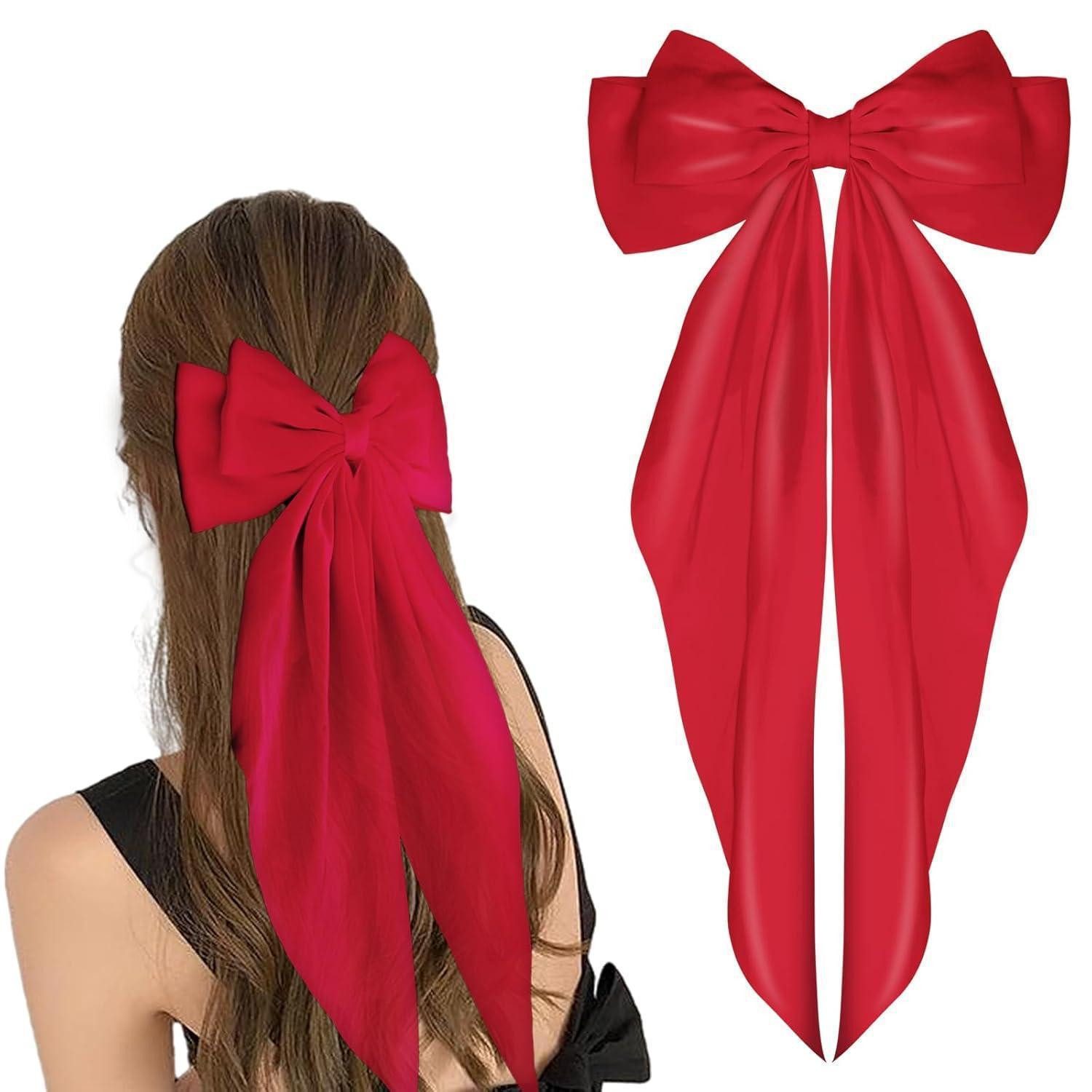 WLLHYF Haarspange Haarspangen mit großer Schleife Satin langer Schwanz Haarschmuck Rot
