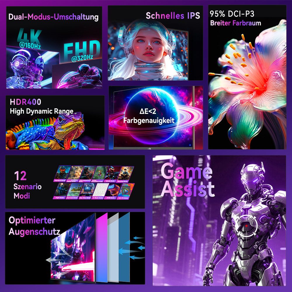 TITAN ARMY P2712V Flat 16:9 Fast IPS UHD 160Hz, dualer Modus FHD 320Hz Gaming-Monitor (1 ms Reaktionszeit, Fast IPS, 4K@160Hz/FHD@320Hz)