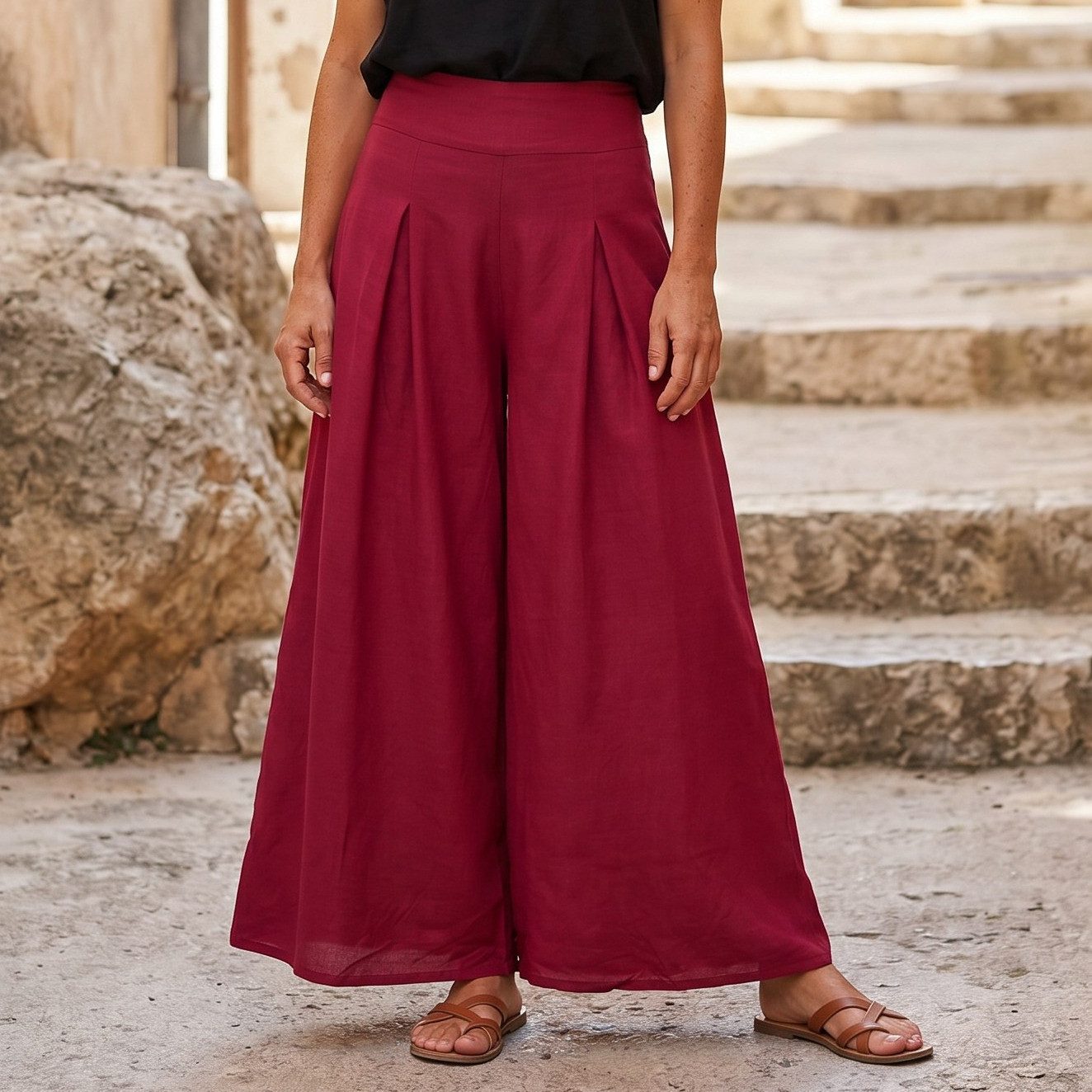 Guru-Shop Relaxhose Boho Hosenrock, weite Sommerhose - dunkelrot Ethno Style, alternative Bekleidung