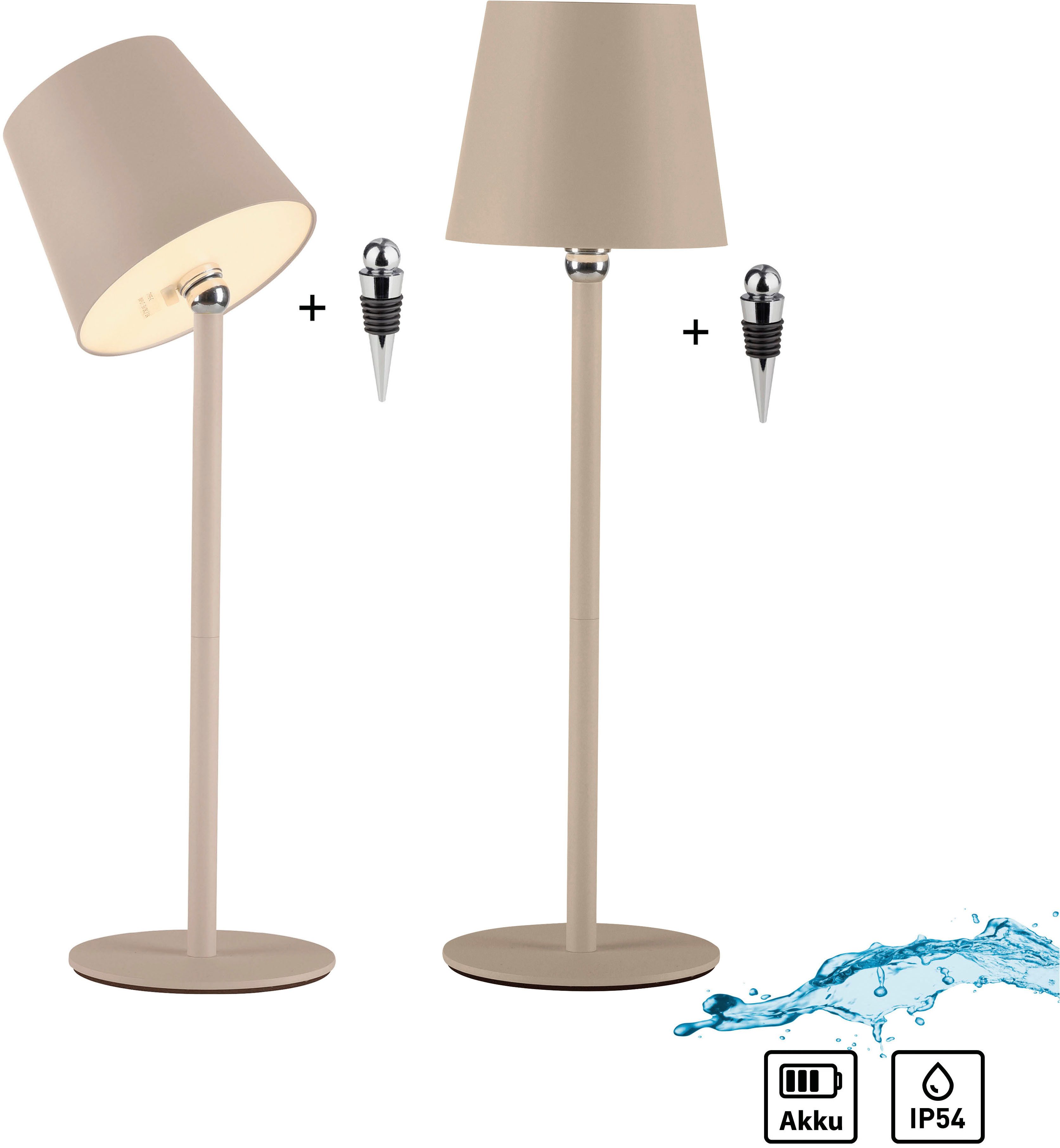 JUST LIGHT LED Tischleuchte BOTERIA - Set 2 Stück, inkl. Flaschenaufsatz, Memoryfunktion, LED fest integriert, Warmweiß, Akkubetrieben, aufladbar, magnetisch, dimmbar, In- und Outdoor