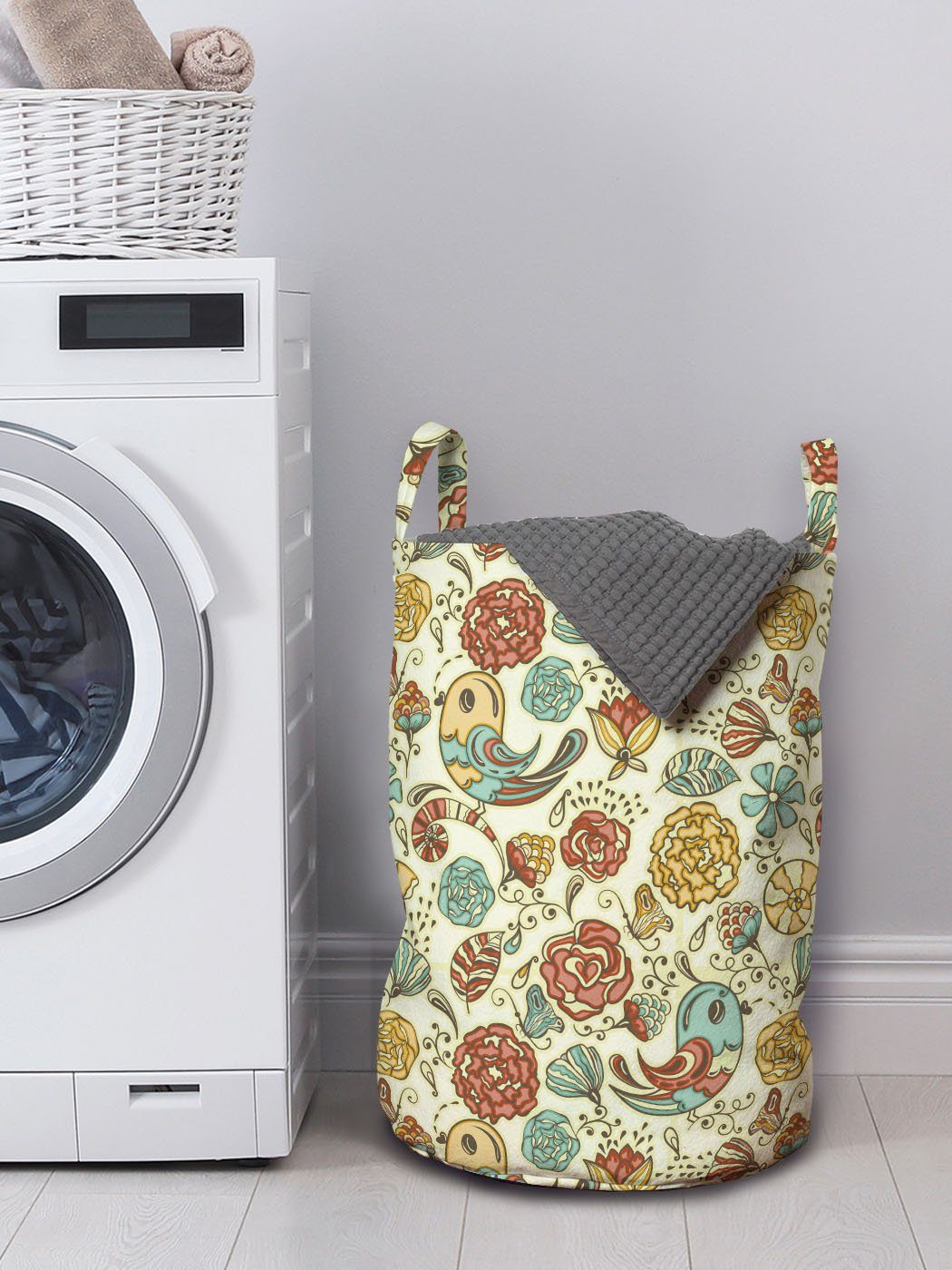 Abakuhaus Wäschesäckchen Wäschekorb mit Blumen verschiedene und Blumen Vögel für Waschsalons, Kordelzugverschluss Griffen