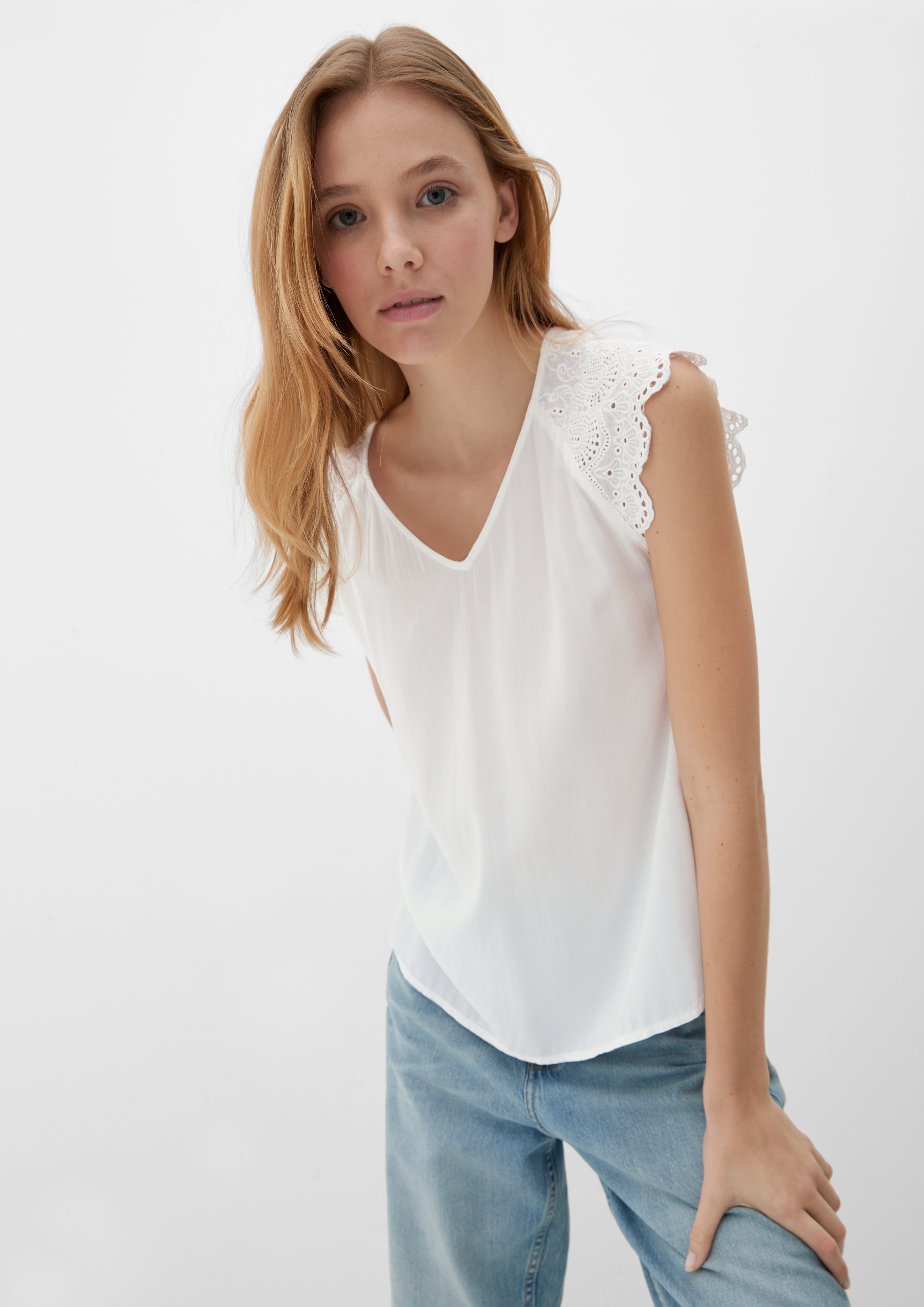 QS Blusentop Bluse mit Broderie Anglaise ecru