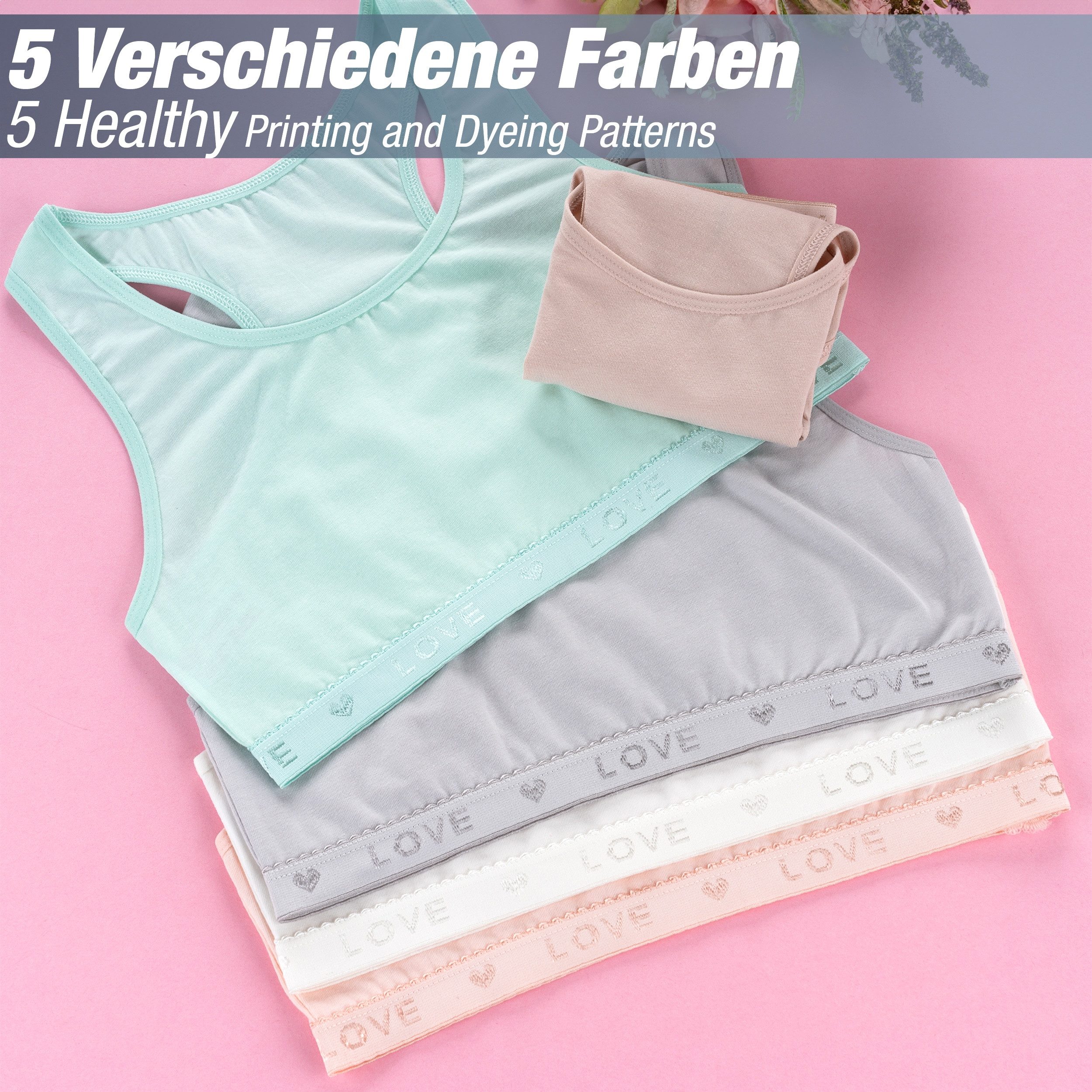 LOREZA Bustier 5 Mädchen Bustier Unterwäsche Strass Sport Bh X-Rücken (Set, 5-tlg., 5er-Pack)