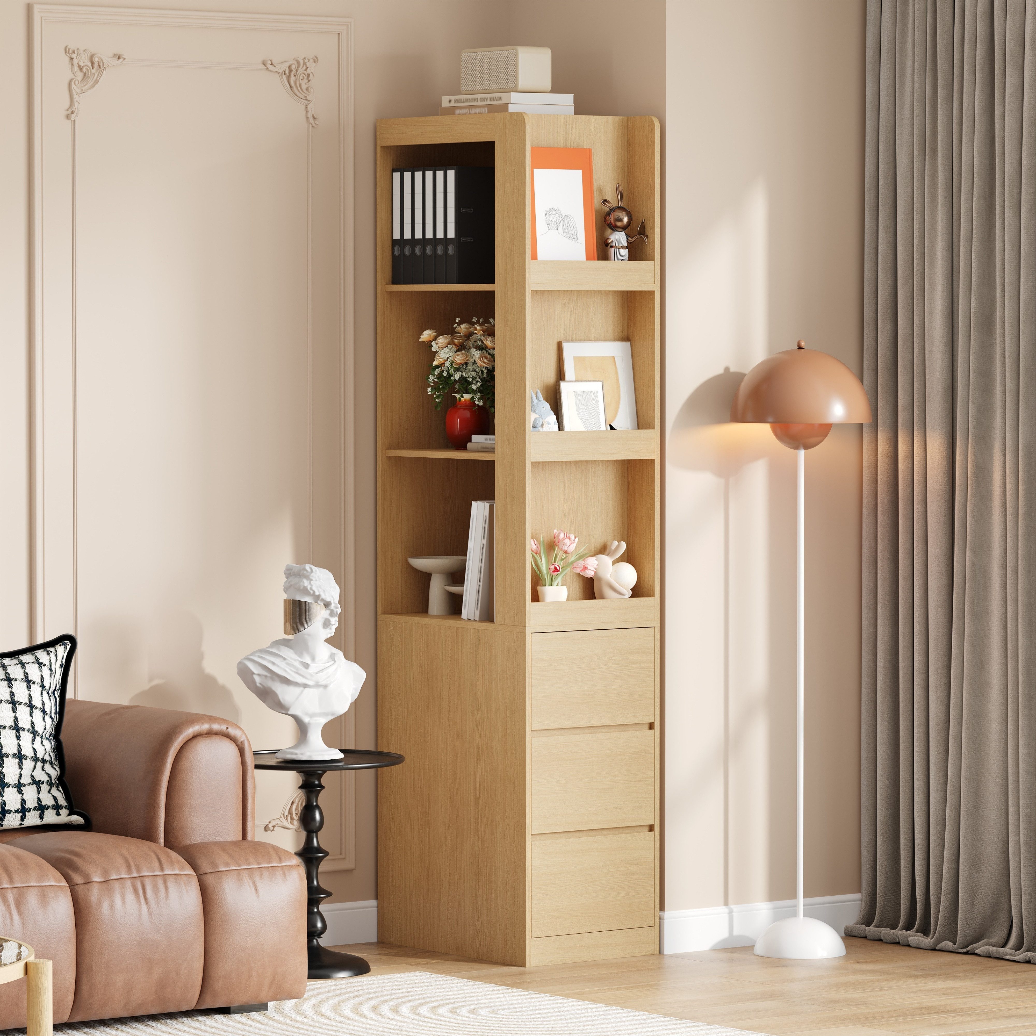 Flieks Eckschrank Bücherregal mit 3 seitlichen Schubladen und austauschbarer Ablagen (1-St., B40/T60/H200 cm) Standregal Mehrzweckschrank Eckregal Wohnzimmerschrank Holzoptik