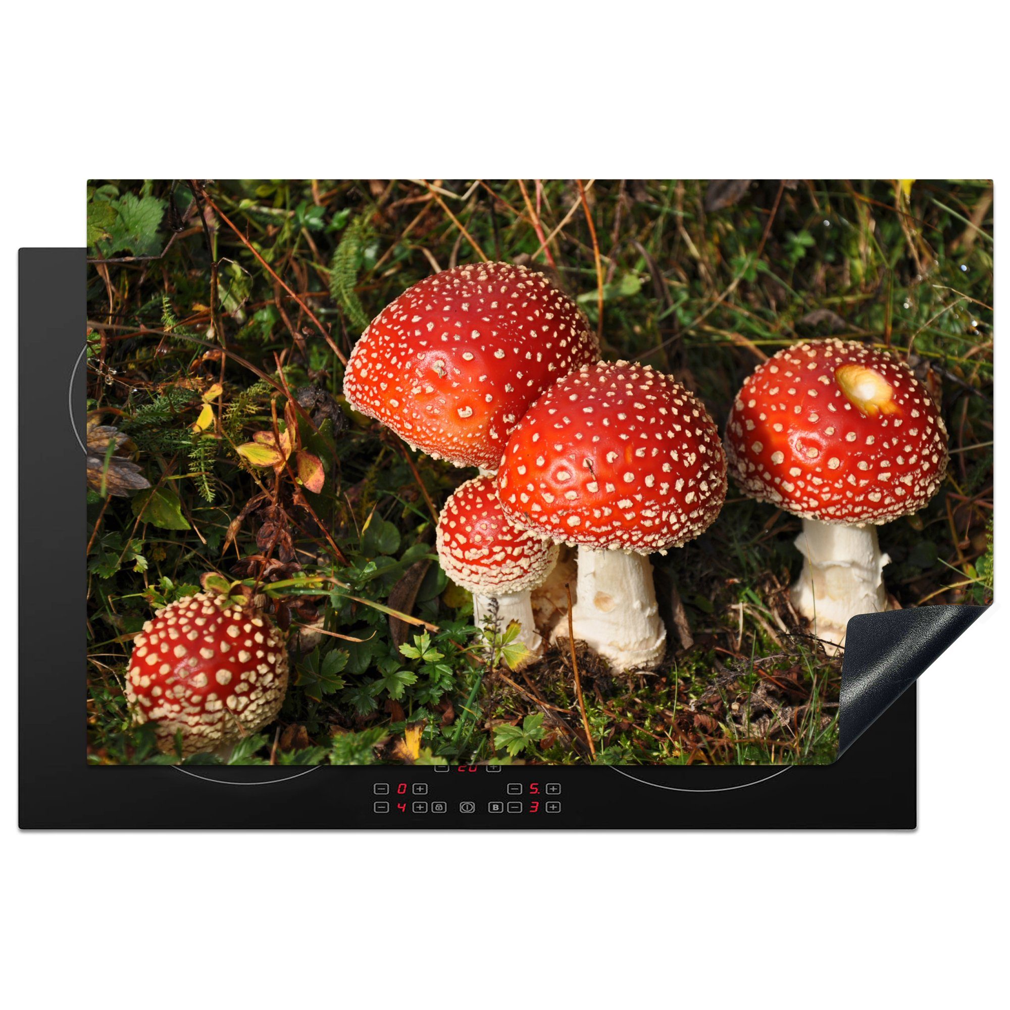 MuchoWow Herdblende-/Abdeckplatte Rote Pilze gegen grünes Gras, Vinyl, (1 tlg), 81x52 cm, Induktionskochfeld Schutz für die küche, Ceranfeldabdeckung