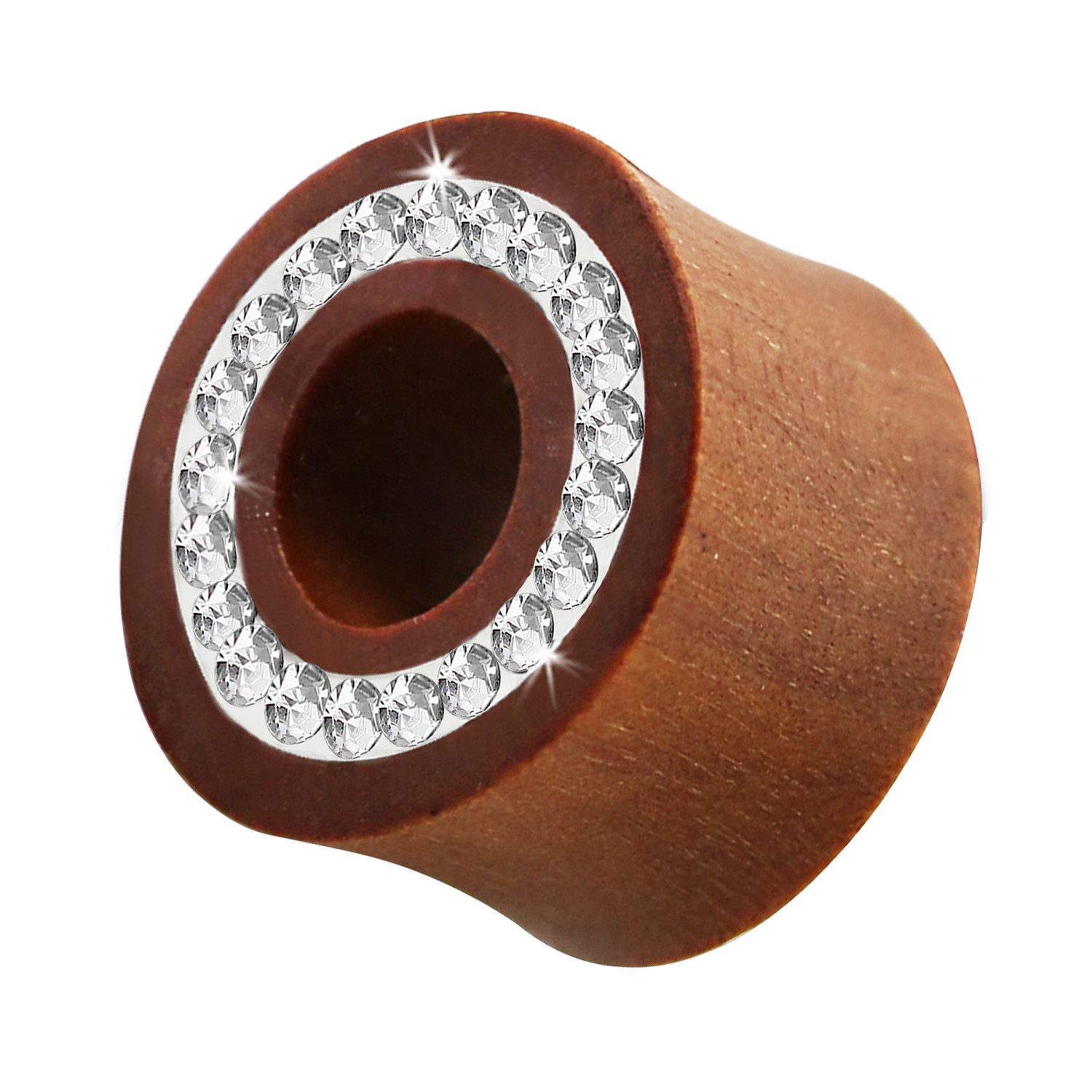 Taffstyle Plug Holz Ohr Tunnel Braun mit integrierten Kristallen 6mm, Ohrpiercing Ohr Ear Flesh Tunnel Plug Piercing