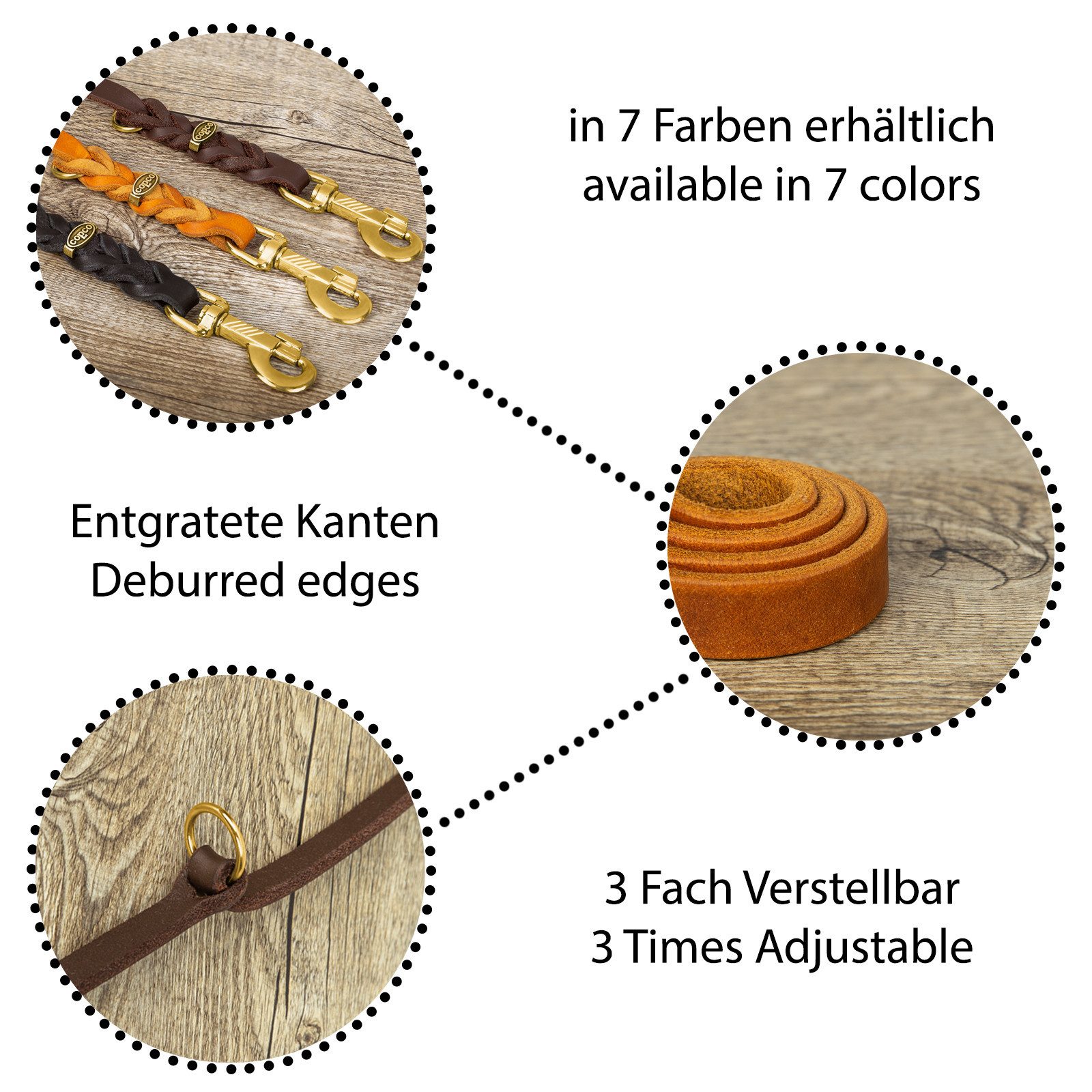 CopcoPet Hundeleine Fettlederleine Hundeleine geflochten dreifach verstellbar Messing, Leder