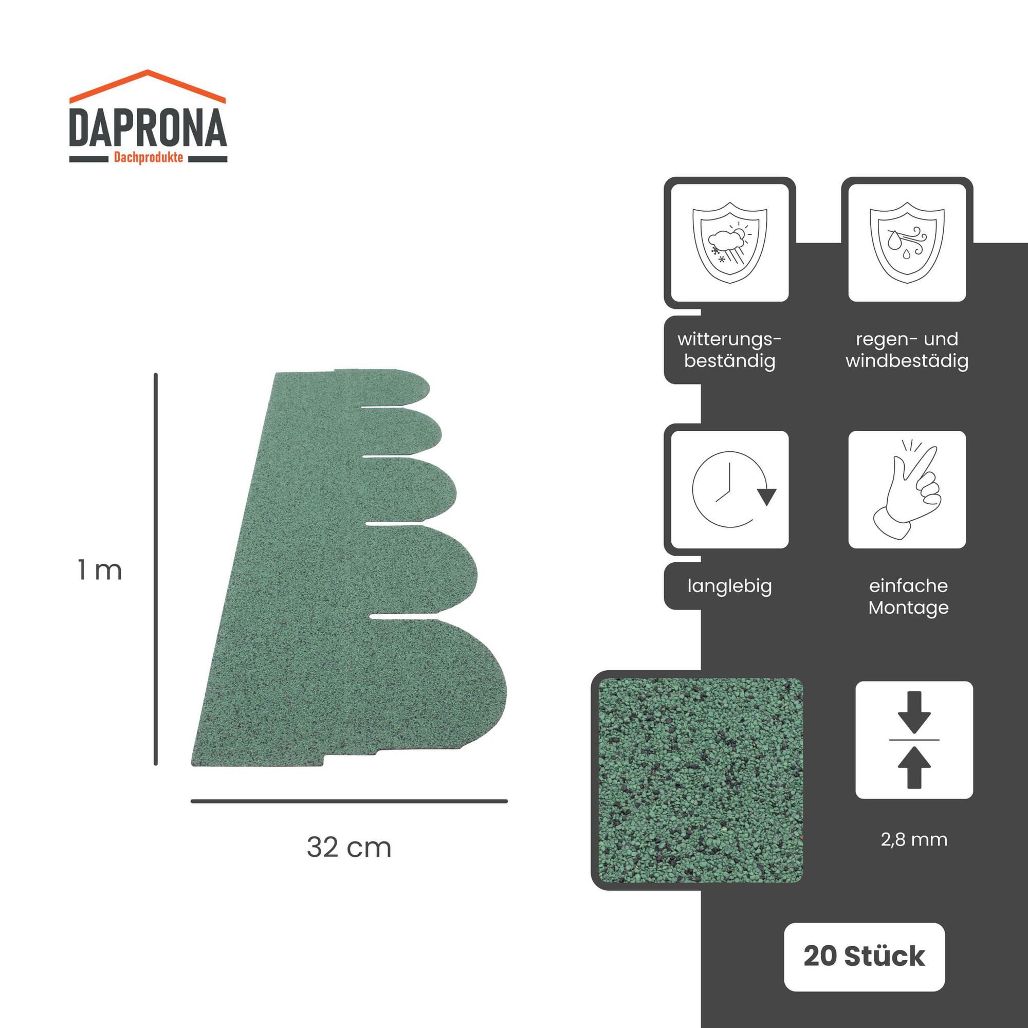 DAPRONA Dachschindeln Biberschwanz Dachschindeln, Rund 1m x 32cm, Grün, (20-St), Bitumenschindeln für Gartenhaus, Carport