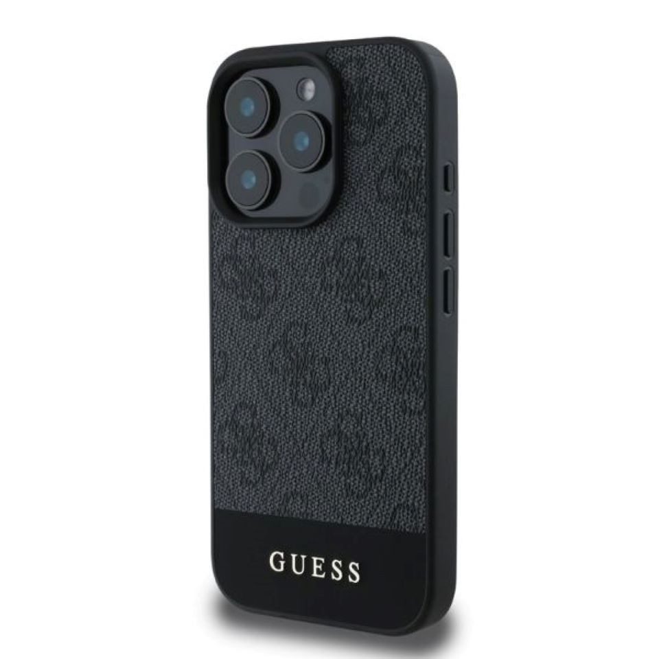 Guess Handyhülle iPhone 16 Pro Max Kunstleder grau Muster mit goldfarbigen Logo