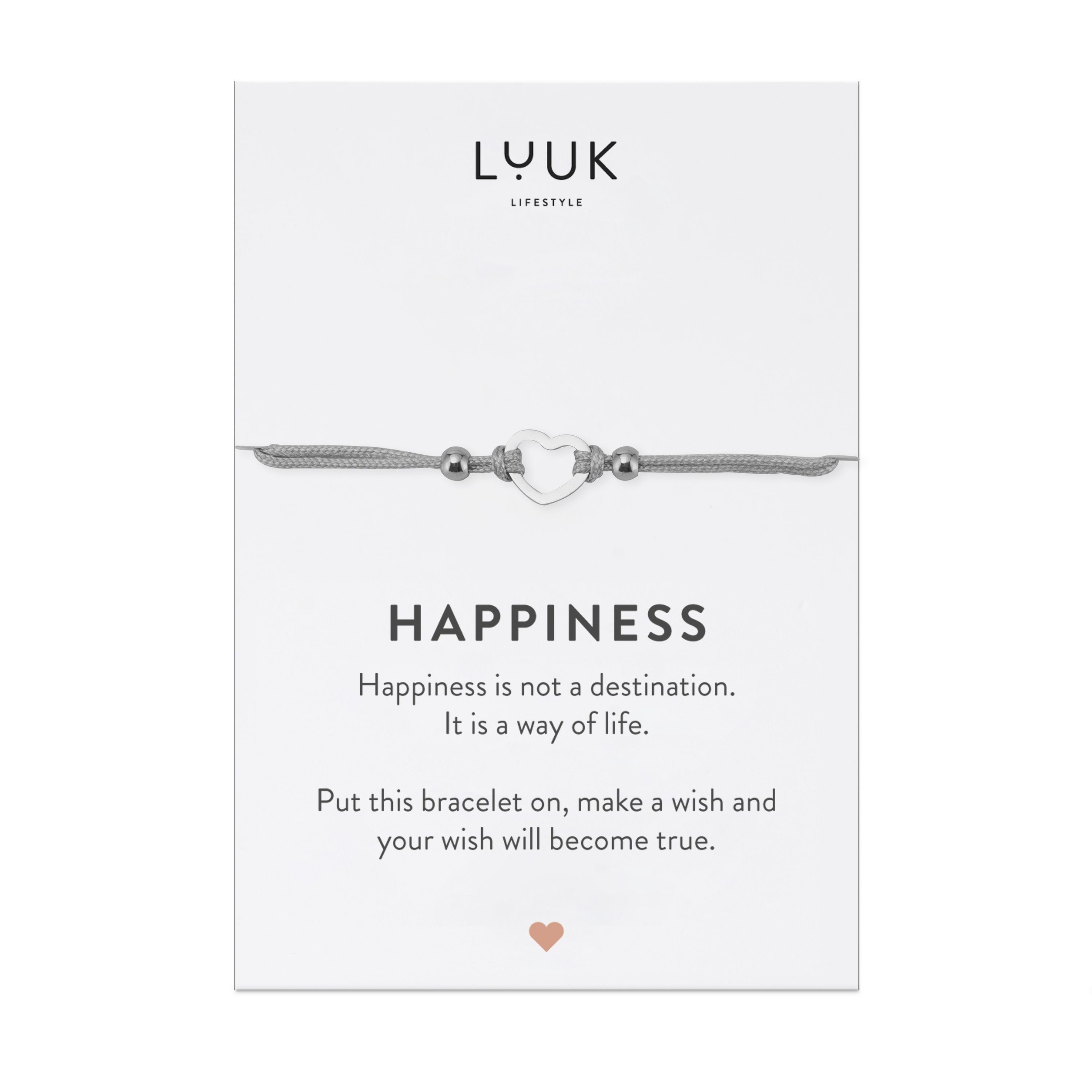 LUUK LIFESTYLE Freundschaftsarmband Herz, handmade, mit Happiness Spruchkarte Silber