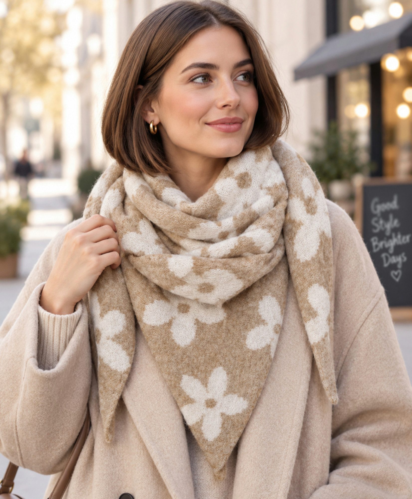Ella Jonte Dreieckstuch, Wende-Tuch mit Blumenmuster in Braun-Beige für Herbst & Winter