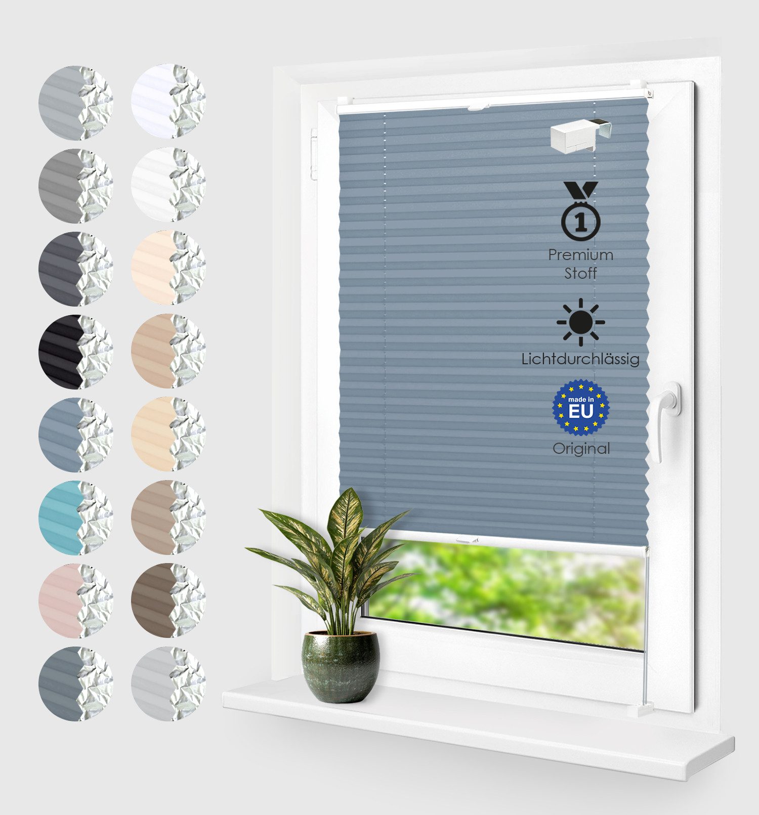 Rikmani Plissee Thermo Klemmfix ohne Bohren Blau 40x100 cm, blickdicht, Klemmfix, Thermo-Wärmeschutz, blickdicht, Stufenlos