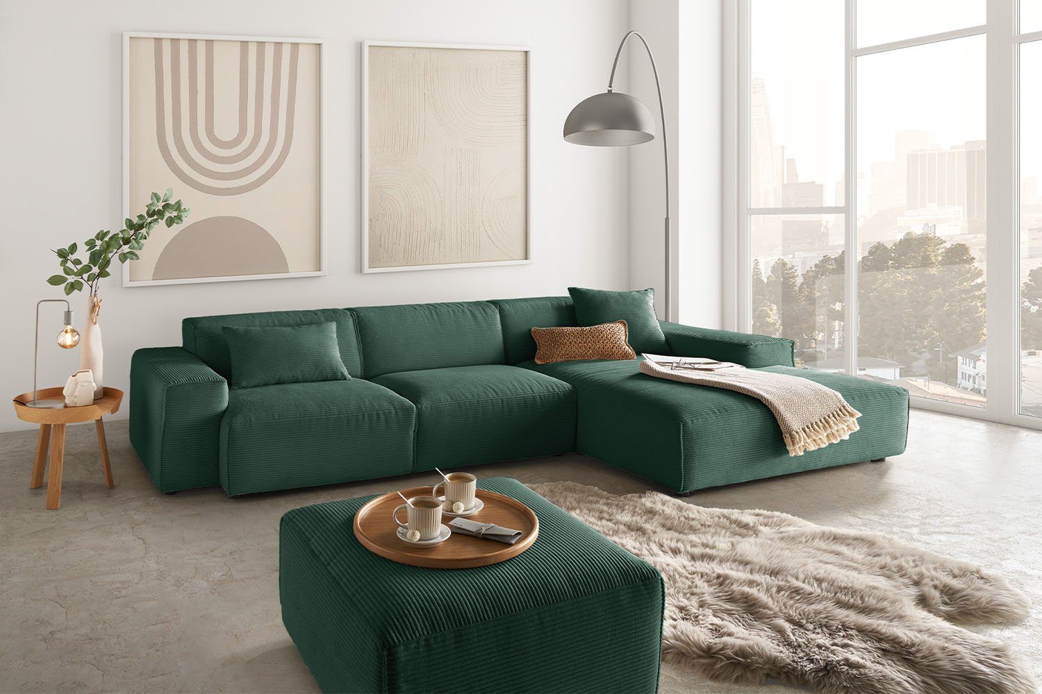 KAWOLA Ecksofa RANI, Sofa Cord, Recamiere rechts od. links, versch. Farben smaragd | smaragd