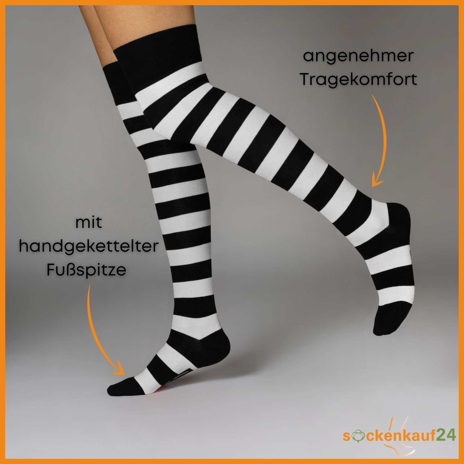 sockenkauf24 Overknees 2 Paar Baumwolle Damen Ringel WP (Ringel Strümpfe 35-38) Schwarz/Weiß, - 10723 Kniestrümpfe Ringel/Schwarz/Weiß Bunt Schwarz Overknee