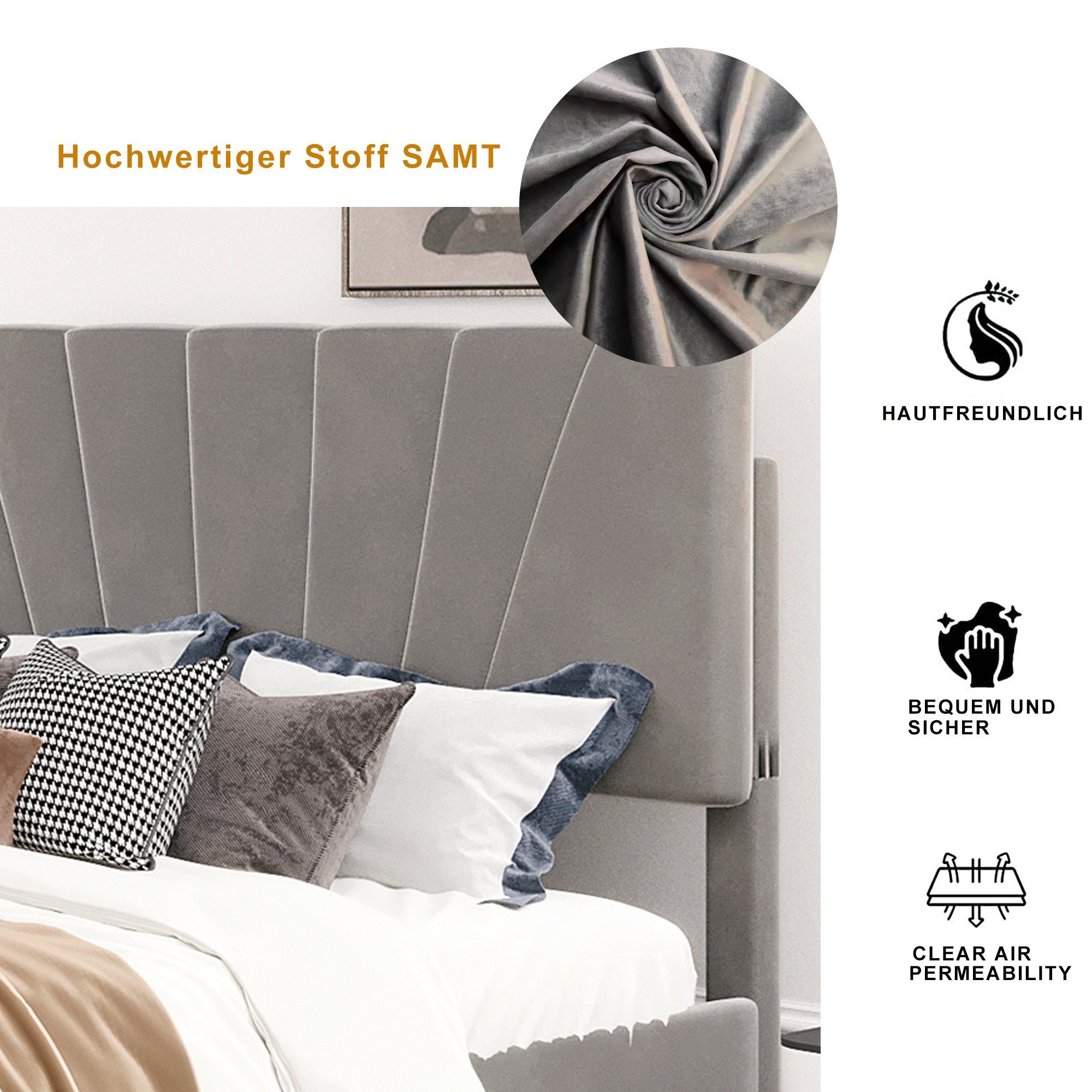 Polsterbett (140 x 200 cm Doppelbett), mit Lattenrost und Bettschubkästen, Höhenverstellbares Kopfteil, Samt