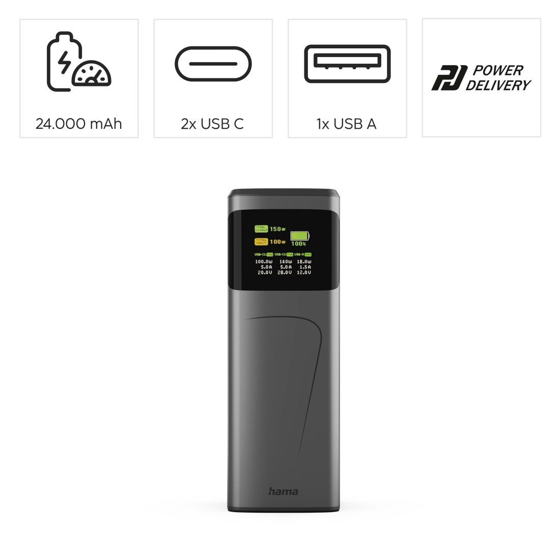 Hama Powerbank (150 W, 24000 mAh, 2x USB-C, 1x USB-A, Schnellladen) Powerbank
